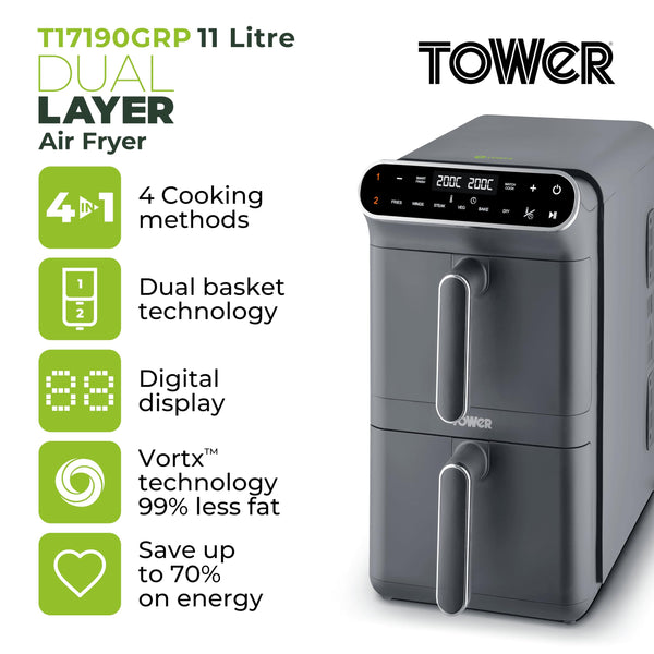 Tower T17190GRP Vortx XL Dual Stack Air Fryer with Digital Control Panel, Space Saving Design, 6 Preset Cooking Modes, Match Cook & Smart Finish Functions, 2460W, 11L, Graphite with Chrome Trim