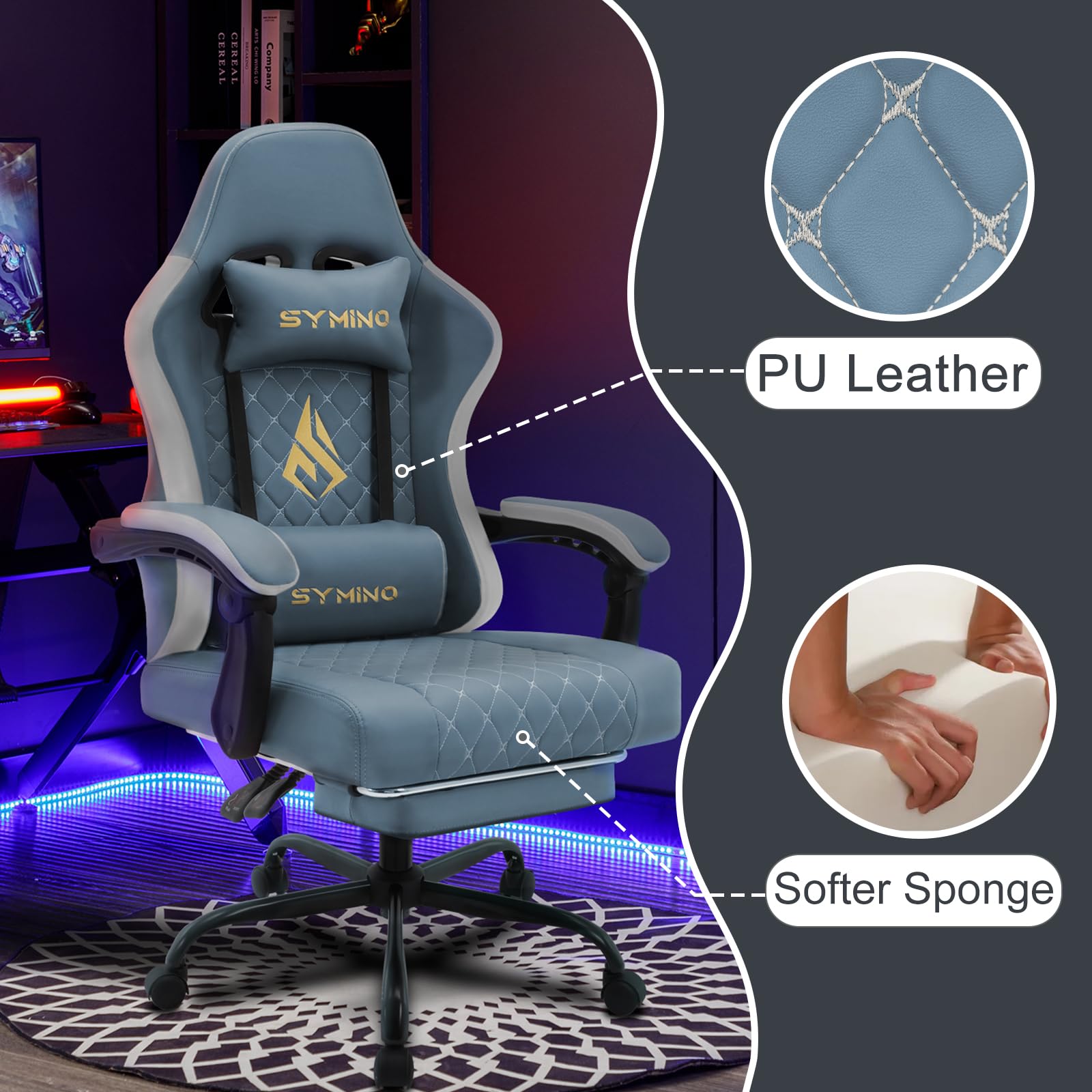 Symino Gaming Chair with Footrest, Computer Ergonomic Video Game Chair, Adjustable Swivel Task Chair with Lumbar Support, PC Chair, Office Chair PU Leather, Grey&White