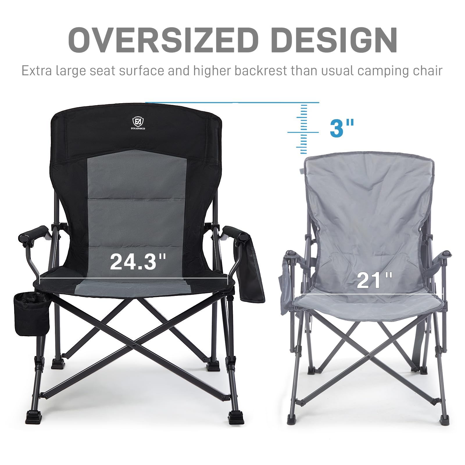 EVER ADVANCED Camping Chair for Adults Oversized 230KG, Folding Chair for Heavy People with Side Pocket, Heavy Duty Extra Wide with Hard Armrest Foldable Garden Fishing Outdoor Fold up