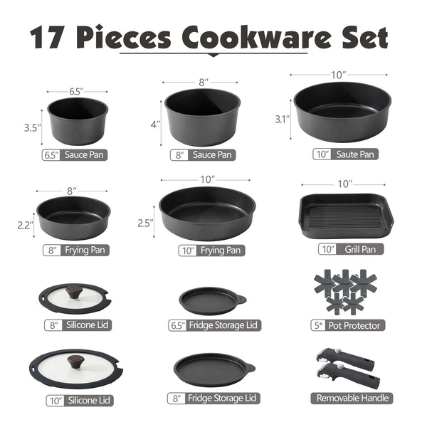 SENSARTE 17 Piece Pots and Pans Set, Nonstick Detachable Handle Cookware, Induction Kitchen Cookware Set with Removable Handle, Healthy Non Stick RV Cookware, Oven Safe (Black)