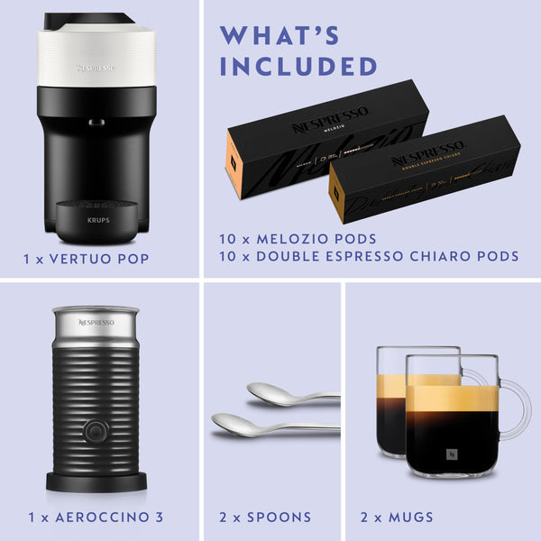 Nespresso Coffee Machine Barista Bundle includes Vertuo Pop White by Krups, Milk Frother, 2x Mugs, 2 x spoons, Melozio coffee pods & Chiaro coffee pods