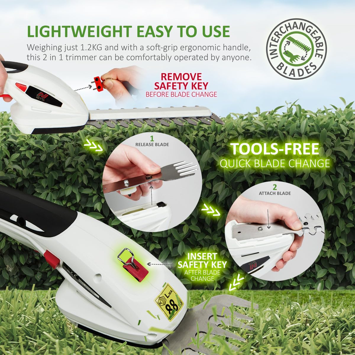 NETTA 2in1 Grass Shear & Hedge Trimmer with 7.2V Rechargeable 1500mAh Lithium-Ion Battery, Edging and Shrub Shear, 2 Interchangeable Blades, Lightweight, Garden Cutting Edge Trimmer, Pruner - Handheld