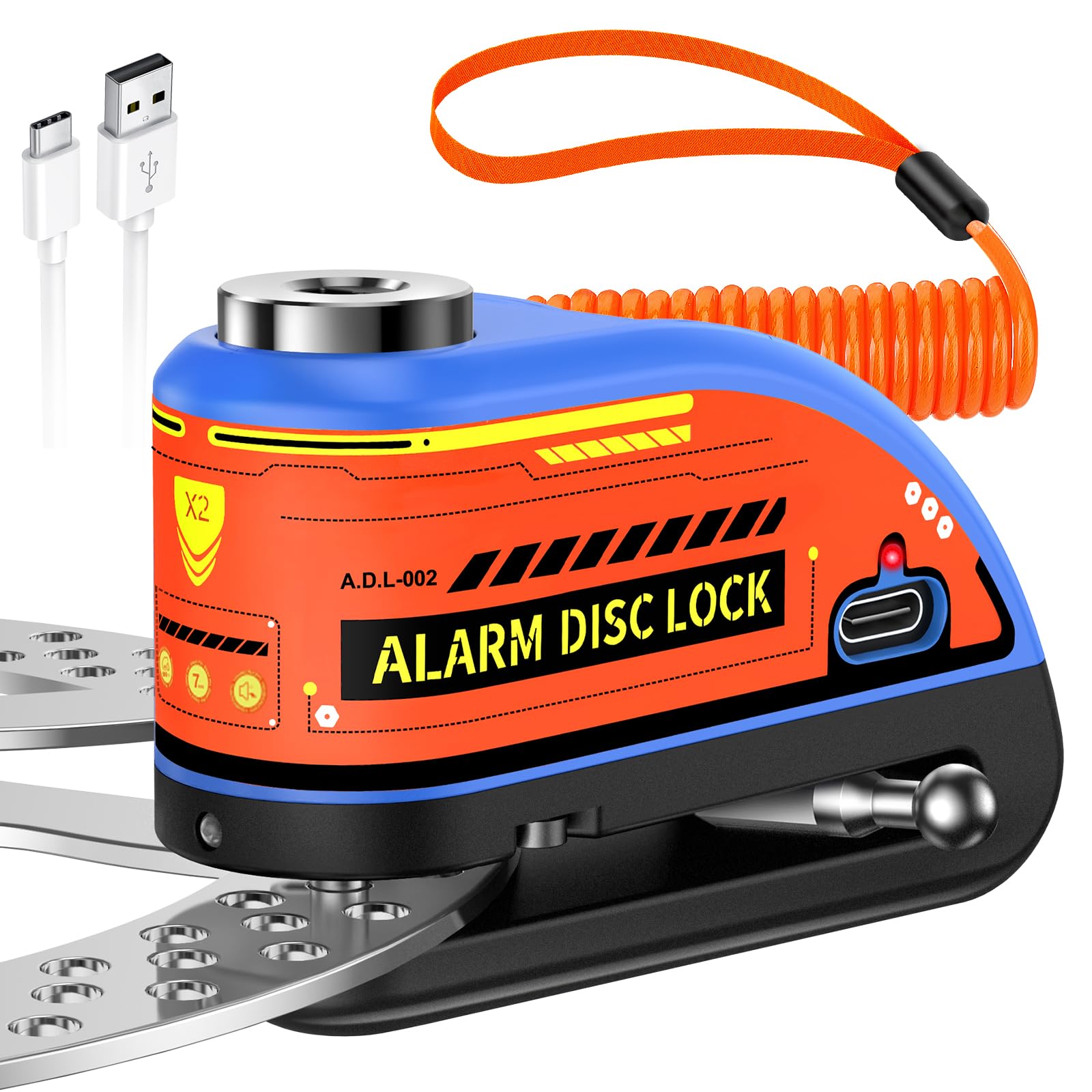 ZEXMTE Motorbike Disc Lock with Alarm, Rechargeable 120dB Anti-Theft Alarm with 5.9 FT Reminder Cable, Heavy-duty Motorcycles Locks Waterproof Disc Lock for Motorcycle, Bike, Scooter, E-Bike