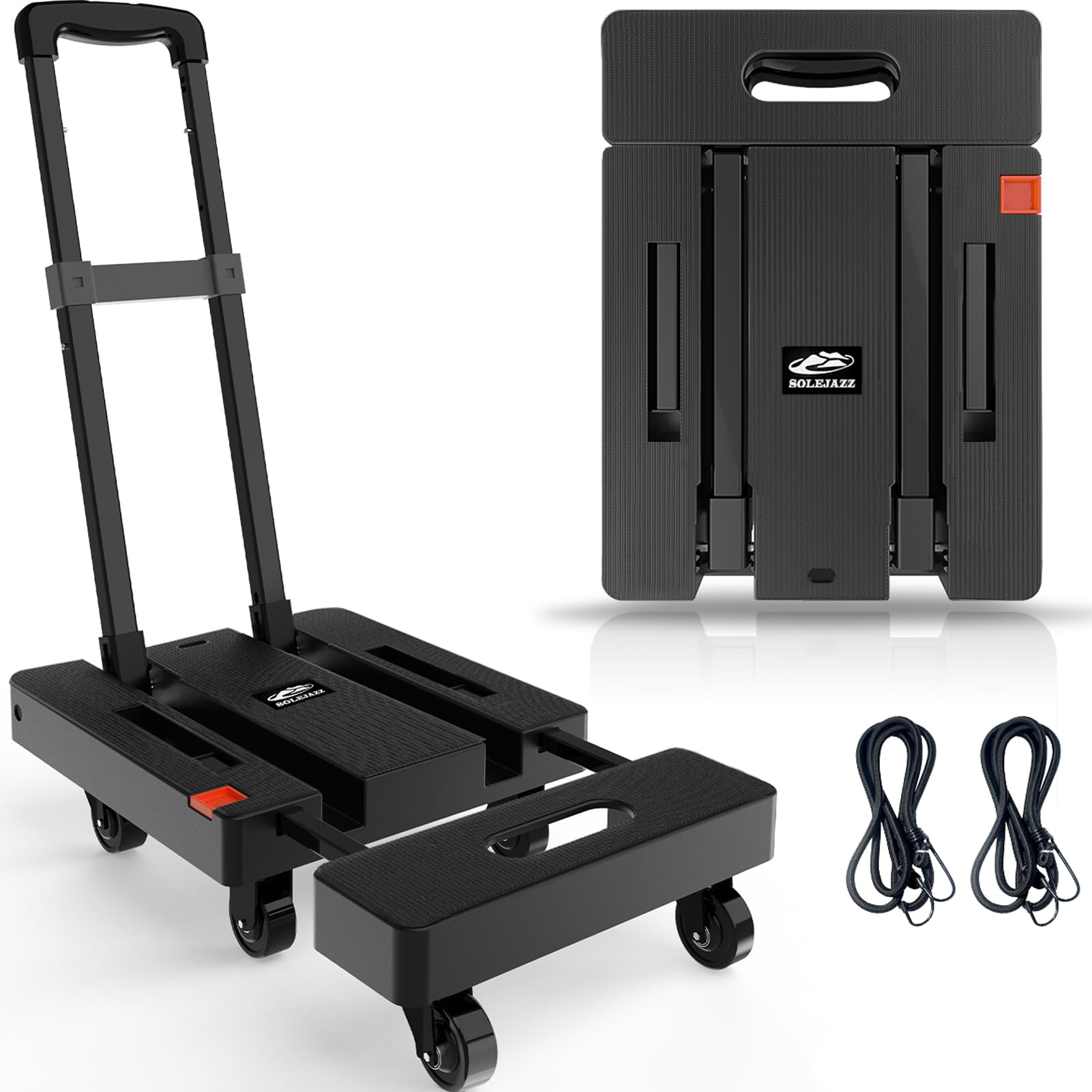 SOLEJAZZ Fold Up Portable Dolly, Folding Hand Truck for Moving, 230KG Trolley Dolly with 6 Wheels & 2 Bungee Cords for Luggage, Travel, Moving, Shopping, Office Use, Blue