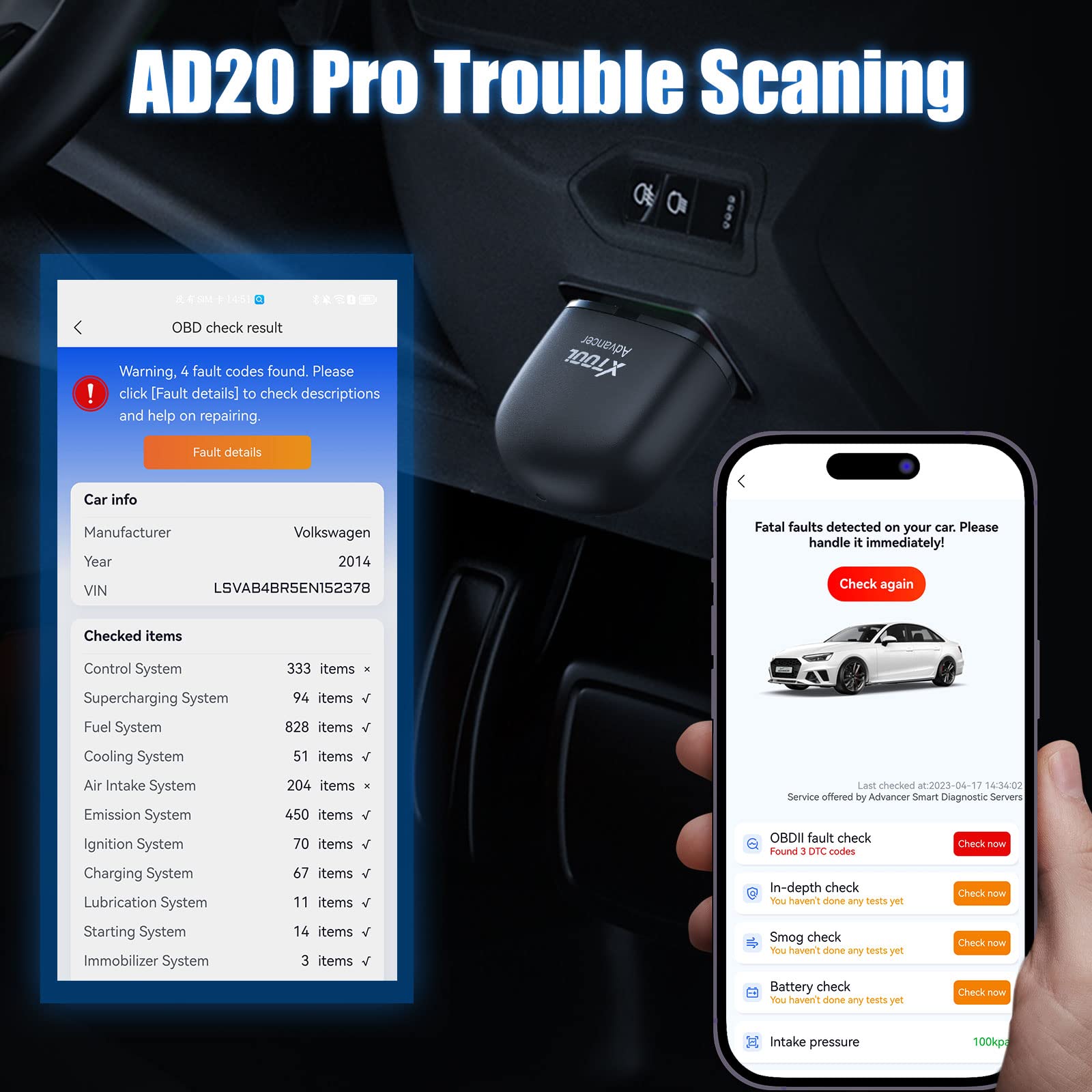 XTOOL AD20 Pro Car Diagnostic Tool OBD2 Scanner Wireless OBD2 Code Reader with Full Systems Scan Lifetime Update, Oil Reset, Performance Test, Voltage Test, Engine Fault Code Reader for iOS & Android