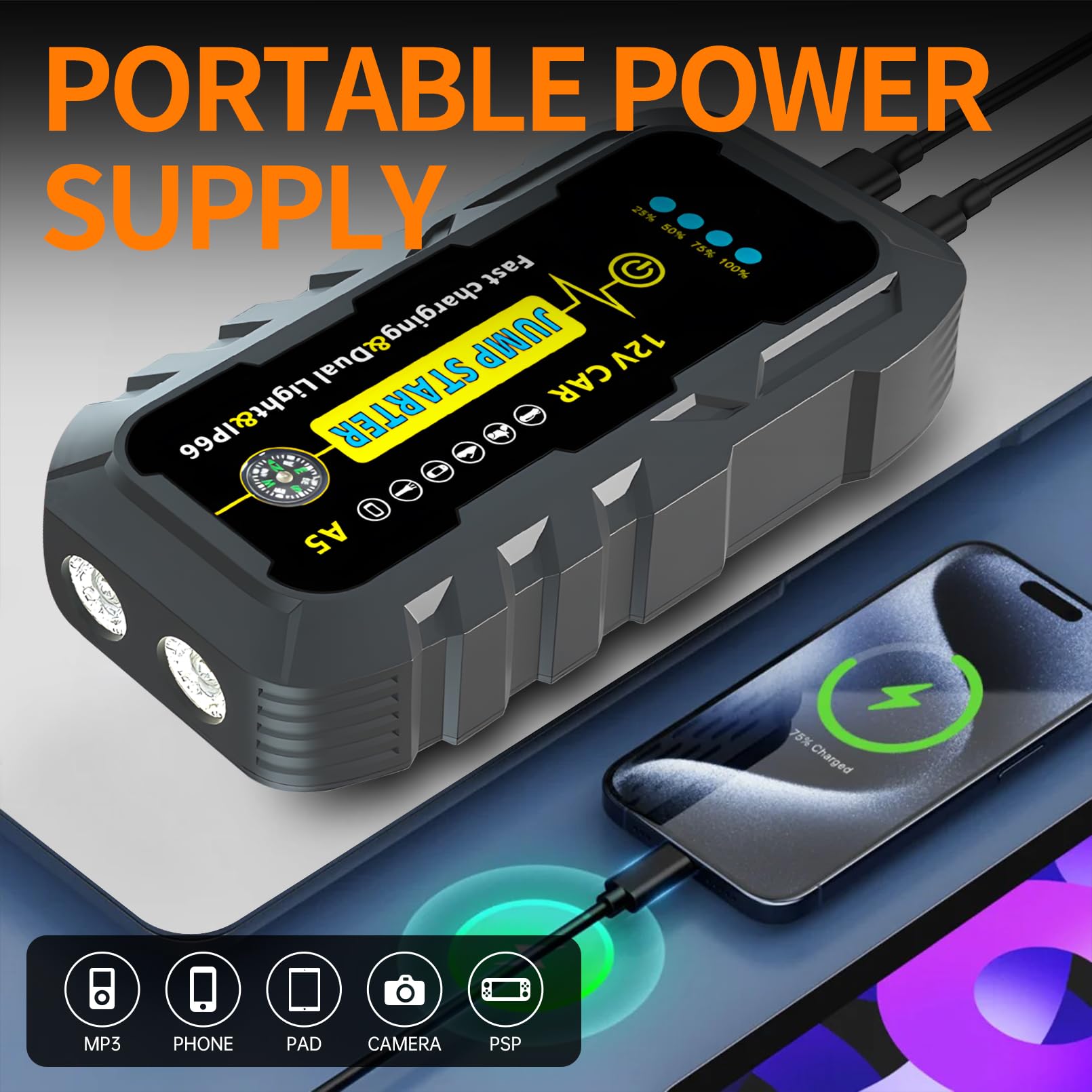 Car Jump Starter,1500A Peak Portable Car Battery Booster Jump Starter,Power Pack for 12V Vehicles,(up to 6.0L Gasoline or 4.0L Diesel) with LED Flashlight