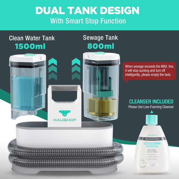 HAUSHOF StainZapper Pro Carpet Cleaner Machines, 450W Handheld Spot Carpet Washer, Clean Carpets, Stairs, Upholstery, Car Seats, 1.5L Twin Tank Spot Cleaner, Include Spot & Stain Cleaner