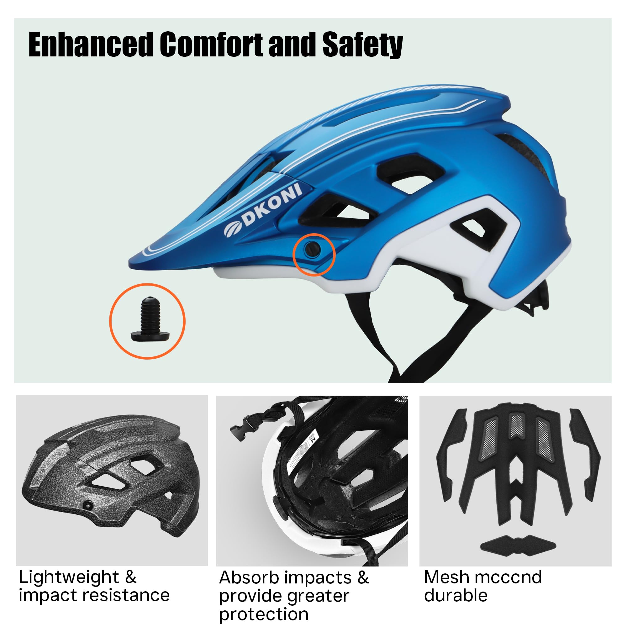 DKONI MTB Mountain Bike Helmet for Youth and Adults, Unisex, Lightweight, Adjustable Fit 54-61cm, Removable Visor and Liners, 17 Large Air Vents (Blue