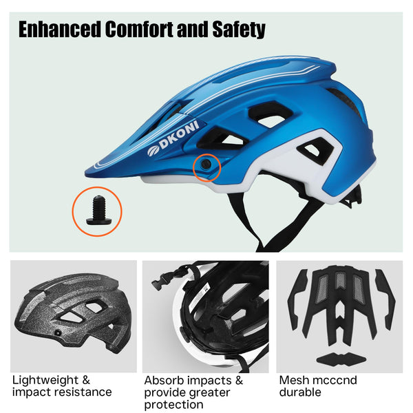 DKONI MTB Mountain Bike Helmet for Youth and Adults, Unisex, Lightweight, Adjustable Fit 54-61cm, Removable Visor and Liners, 17 Large Air Vents (Blue