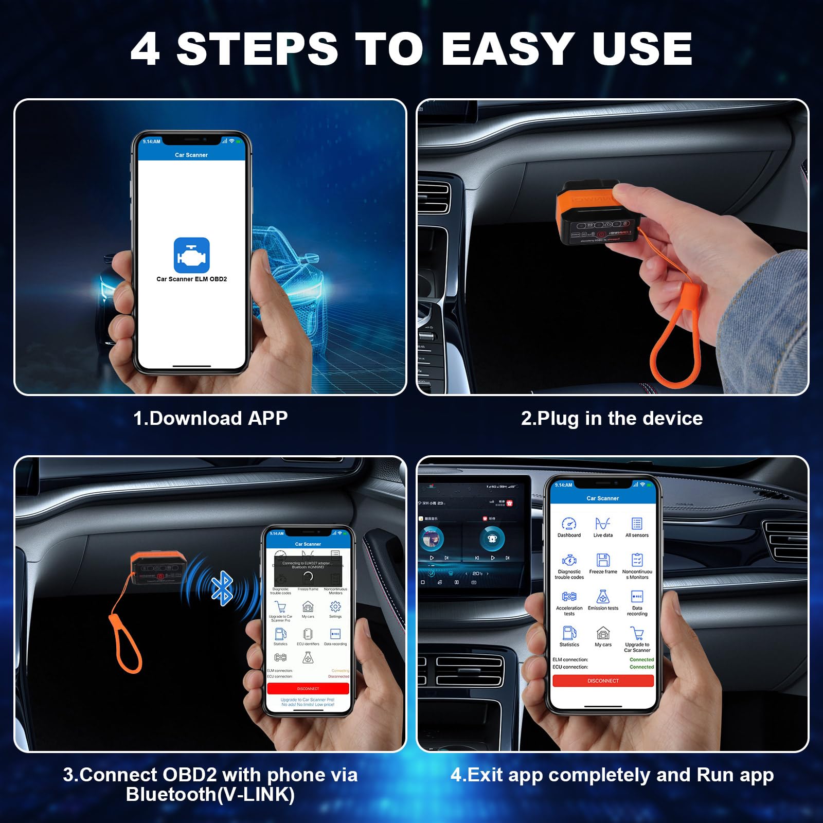 jianyana OBD2 Code Reader, OBD2 Scanner Bluetooth Universal Car Engine Fault Code Reader Car Diagnostic Scanner Diagnostic Scan Tool with BMW Ford VW Audi All OBDII Vehicles