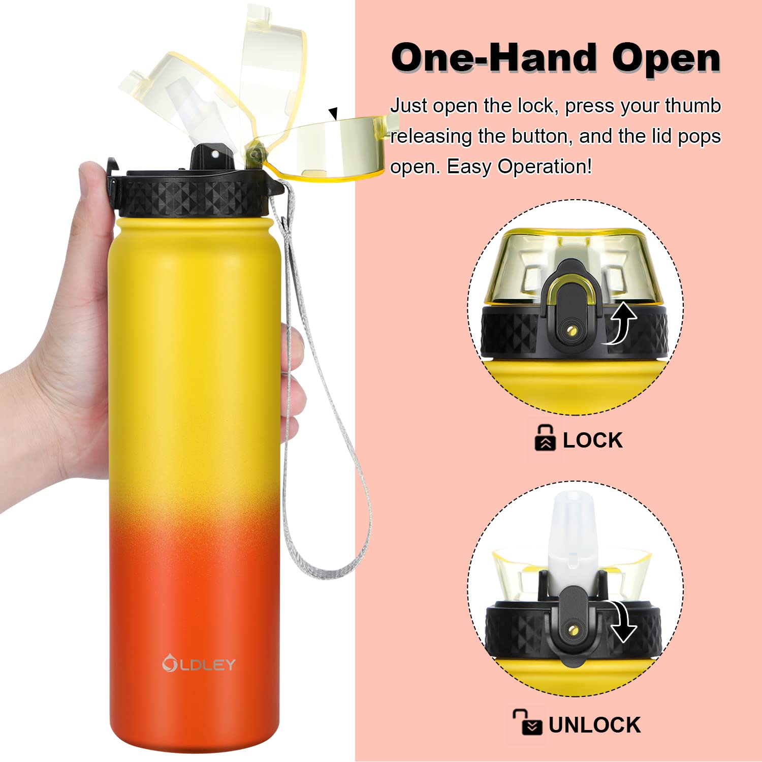 OLDLEY Stainless Steel Water Bottle with Straw 1L Vaccum Insulated Large Drink Flask Metal Water Bottles 1 Litre Leakproof Keep Drinks Hot Cold for Sports Gym with Different Lids(Purple Green, 3 Lids)