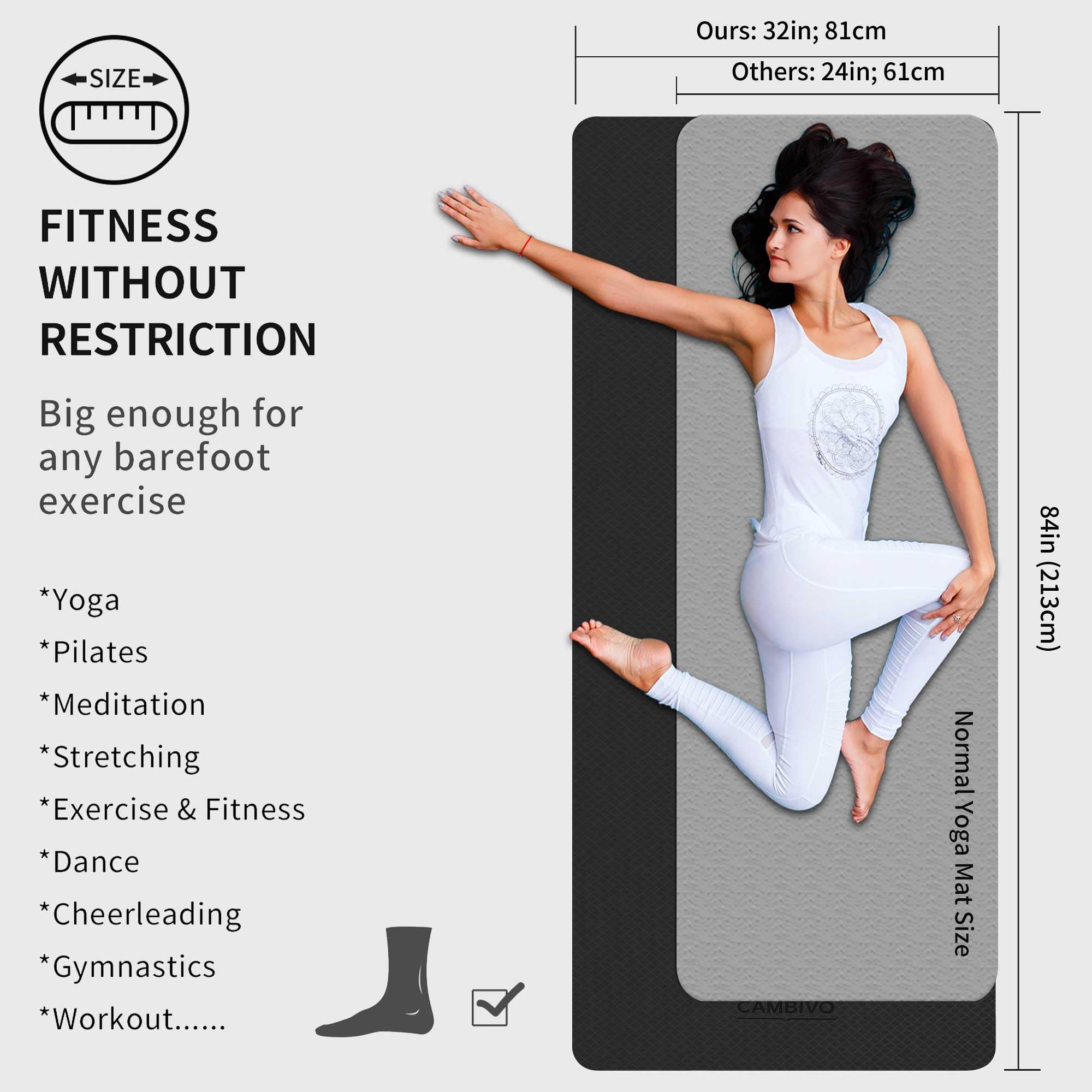 CAMBIVO Large Yoga Mat (213 x 81 x 0.6cm), Extra Long Wide Non Slip TPE Gym Mats with Carrying Strap for Exercise, Fitness, Workout, Pilates (Black)