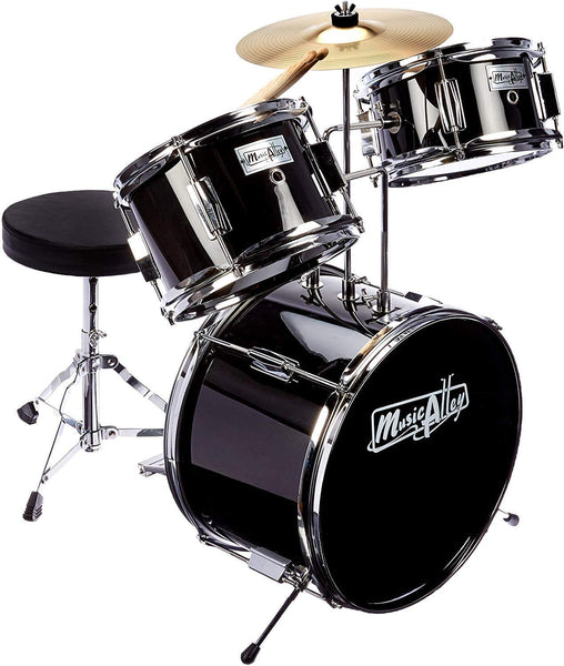 Music Alley DBJK02-BK Three Piece Junior Drum Kit for Kids with Cymbal Pedal Drum Stool and Drum Sticks Metallic Black 3 Piece