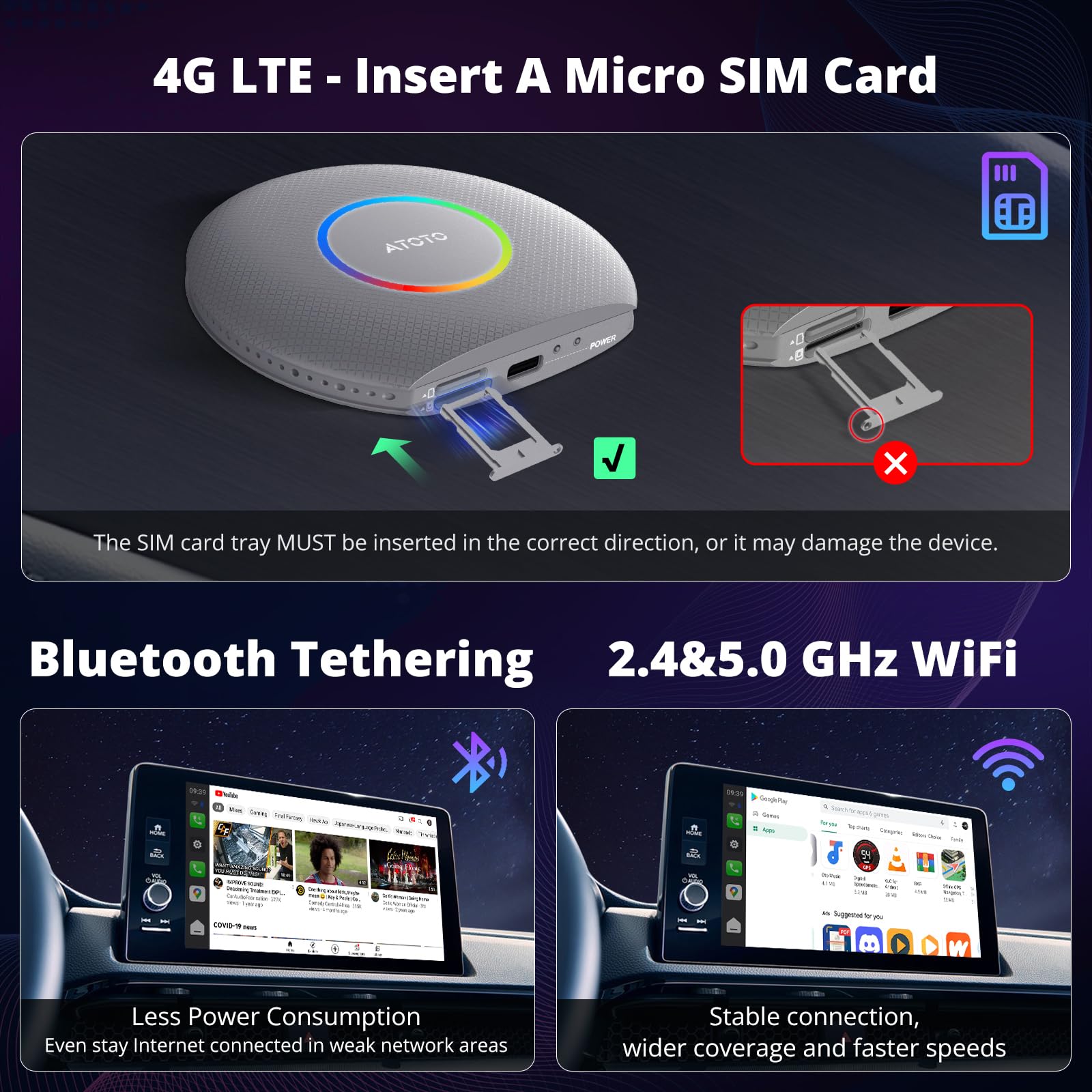 CB6 CarPlay AI Box Android 13 CarPlay Wireless/Android Auto Converts Wired to Wireless with 4G LTE, 5G Wi-Fi, 2 Bluetooth, AI Dongle, Support for YouTube, 4G+64G, Black