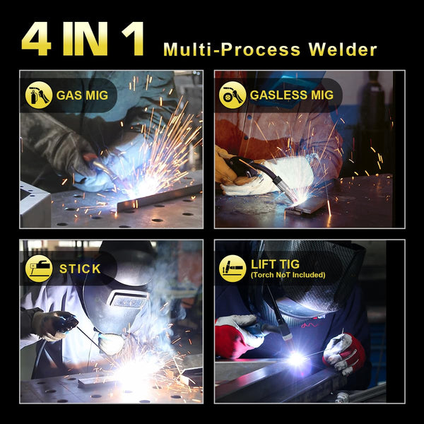 haxiaoer 145A Gasless MIG Welders, 3 in 1 Portable Flux MIG/ARC/Lift TIG MIG Welding Machine with Smart Digital LED Dispaly, Semi-Automatically Synergy Inverter MIG Welder, Best for Beginner