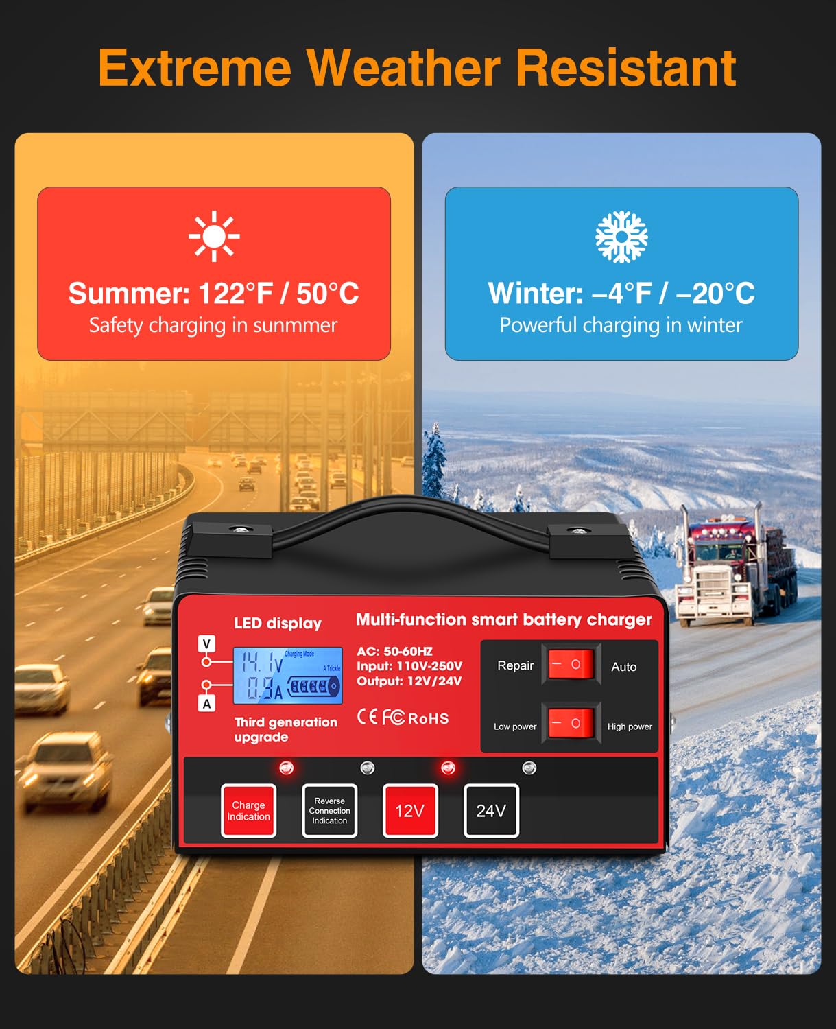 Outerman Car Battery Charger,12V-12A/24V-8.5AMP Smart Automatic Battery Charger,High/Low Power Trickle Charger Battery Maintainer,for Car Motorcycle Lawn Mower Marine