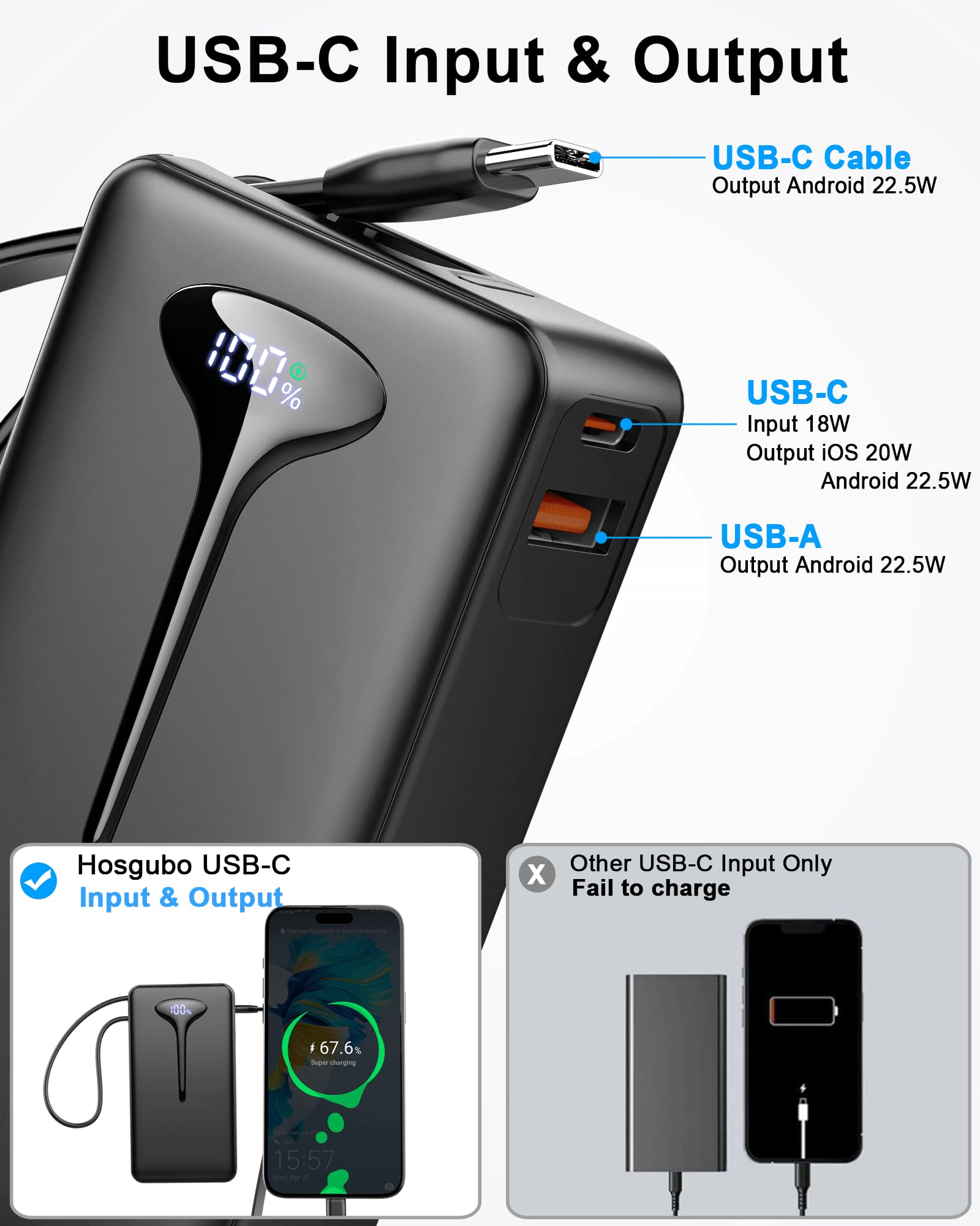 Power Bank Fast Charging, 22.5W Portable Charger 10000mAh, Small Battery Pack USB-C In & Out, Lightweight Powerbank with Built in Cable for iPhone 16/15/14/13/12, Samsung Galaxy, Xiaomi, Android etc