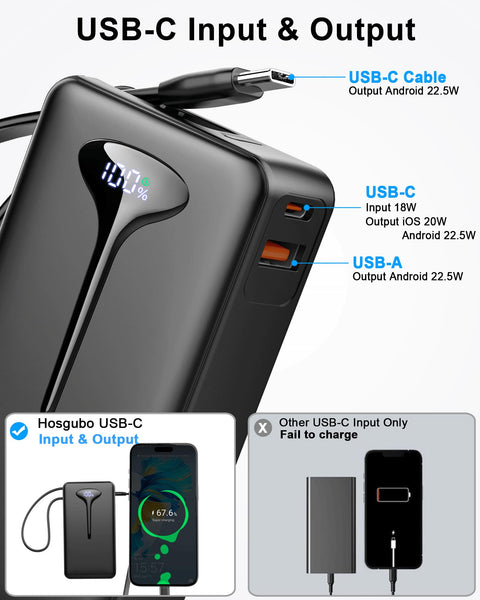 Power Bank Fast Charging, 22.5W Portable Charger 10000mAh, Small Battery Pack USB-C In & Out, Lightweight Powerbank with Built in Cable for iPhone 16/15/14/13/12, Samsung Galaxy, Xiaomi, Android etc