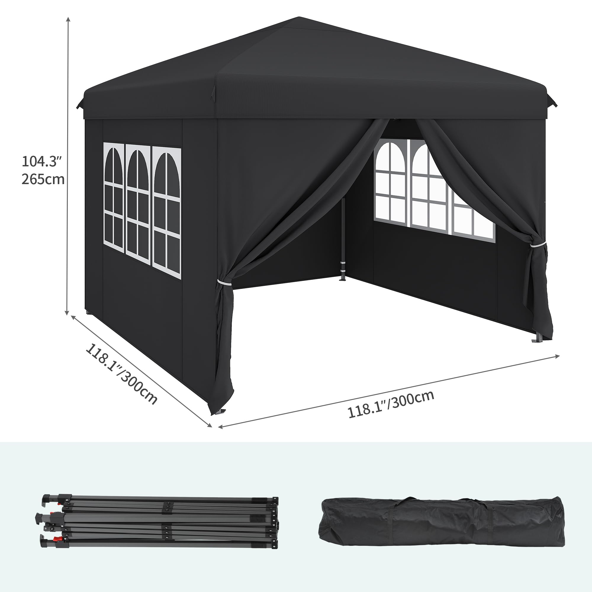 YITAHOME 3x3M Outdoor Pop Up Gazebo with Sides and Windows, Waterproof Folding Garden Canopy All Seasons Camping Gazebo Anti-UV with Adjustable Height Stakes Rope Carry & Weight Bags for Party Event