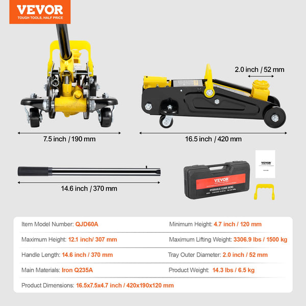 VEVOR Low Profile Floor Jack 1.5 Ton (3300 lbs), Heavy Duty Iron Hydraulic Racing Floor Jack, Hydraulic Car Jack, Single Piston Quick Lift Pump, 4.7"-12.1" Height Lifting Range (Yellow)