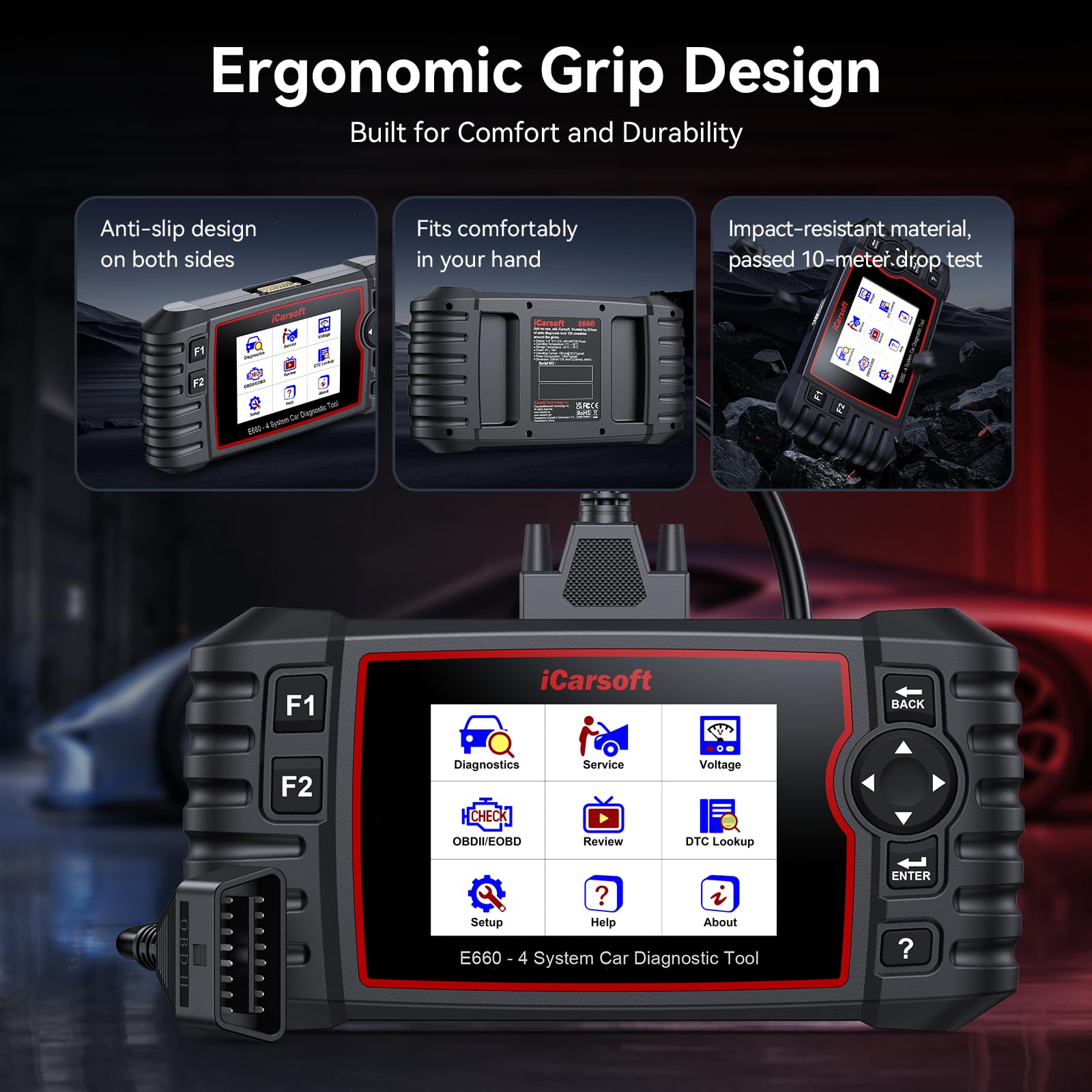 iCarsoft E660 OBD2 Scanner, Car Diagnostic Tool for Engine ABS SRS Transmission, Code Reader with 6 Maintenance Services, Oil/EPB/BMS/ETC/SAS/TPMS Reset, Battery Test, Lifetime No Charge Update