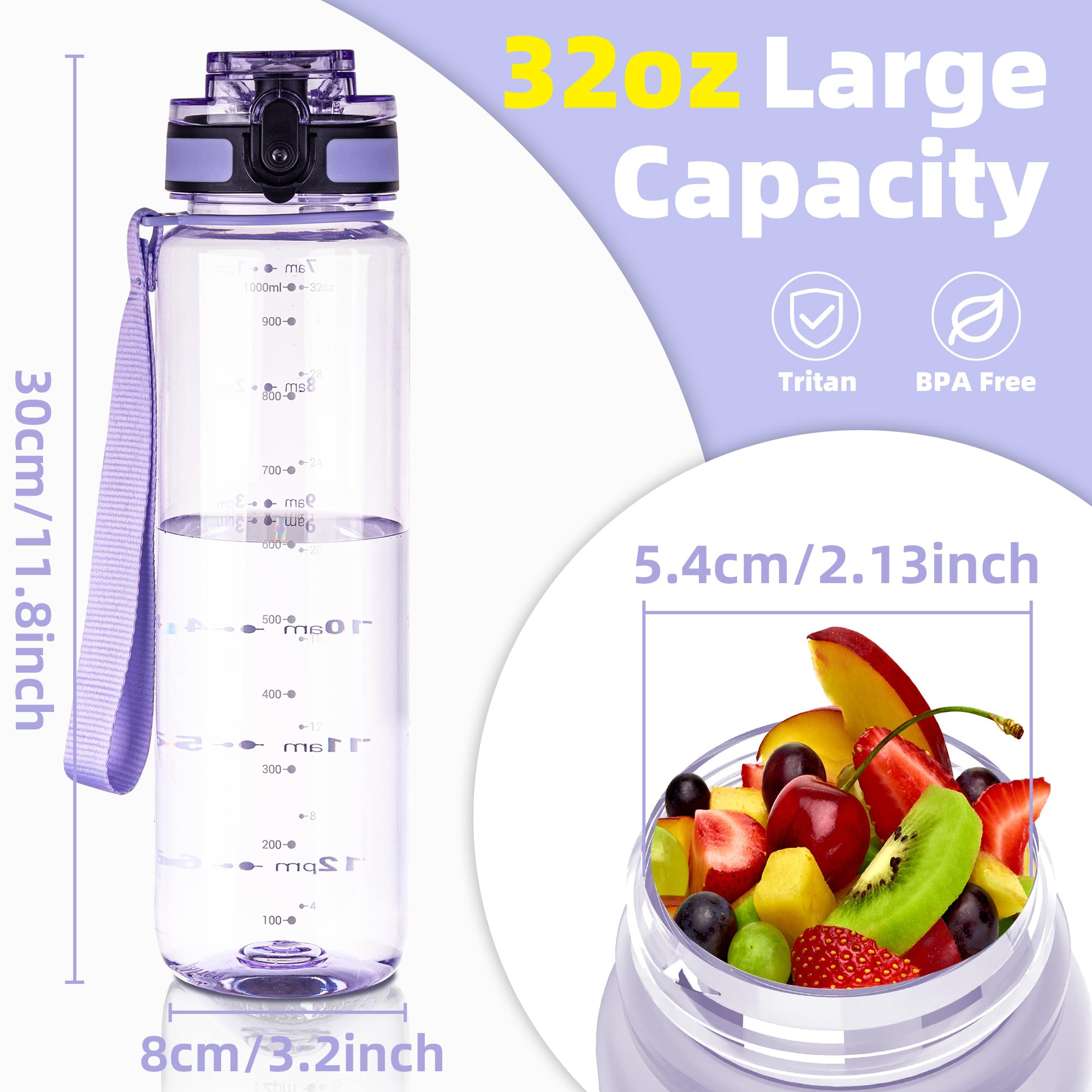 OLDLEY 1L/32oz Sports Water Bottle, 1000ml Motivational Drinks Bottle with Time Markings Leak Proof Drink & Lock Cover & No Straw, BPA Free for Adults Women Men Gym School Cycling Running Hiking