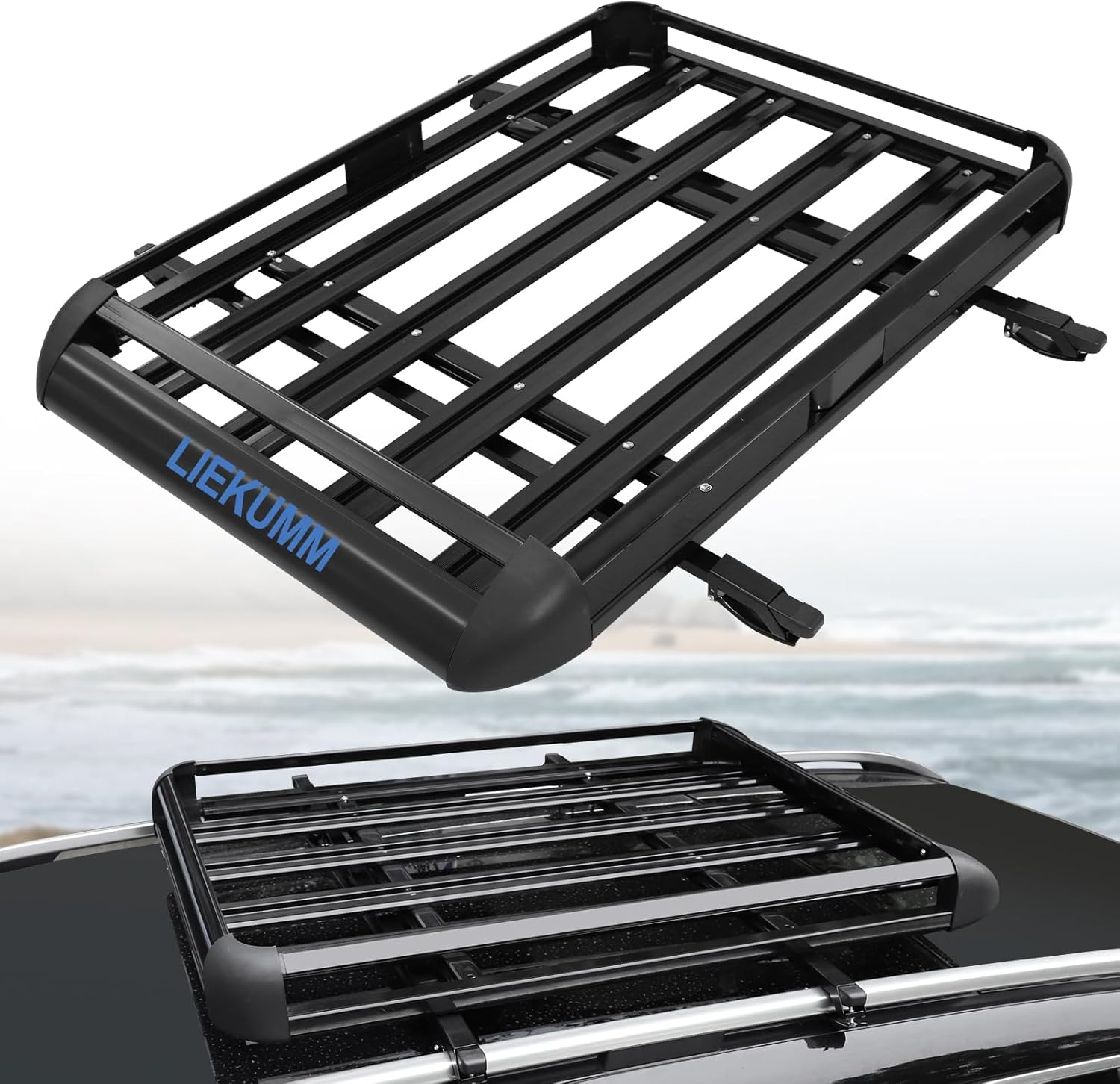 LIEKUMM 127 x 97 cm Roof Rack, 100 kg Load Capacity Aluminium Roof Rack Basket Rail Carrier, Car Roof Rack Cargo Rail Carrier Universal Luggage Basket for Universal SUV, Black