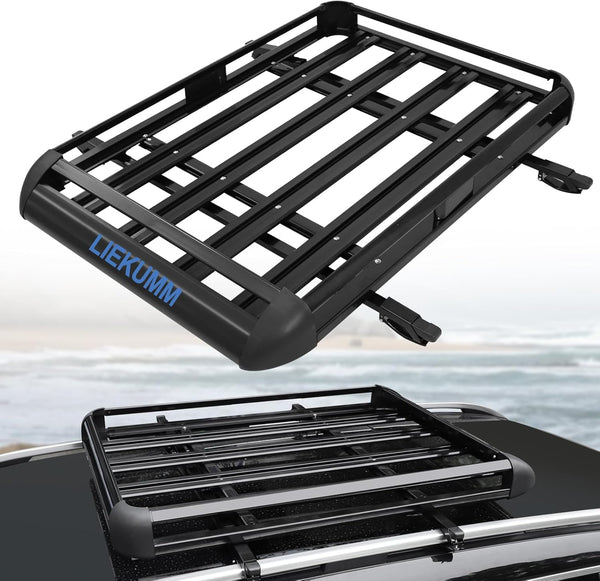 LIEKUMM 127 x 97 cm Roof Rack, 100 kg Load Capacity Aluminium Roof Rack Basket Rail Carrier, Car Roof Rack Cargo Rail Carrier Universal Luggage Basket for Universal SUV, Black