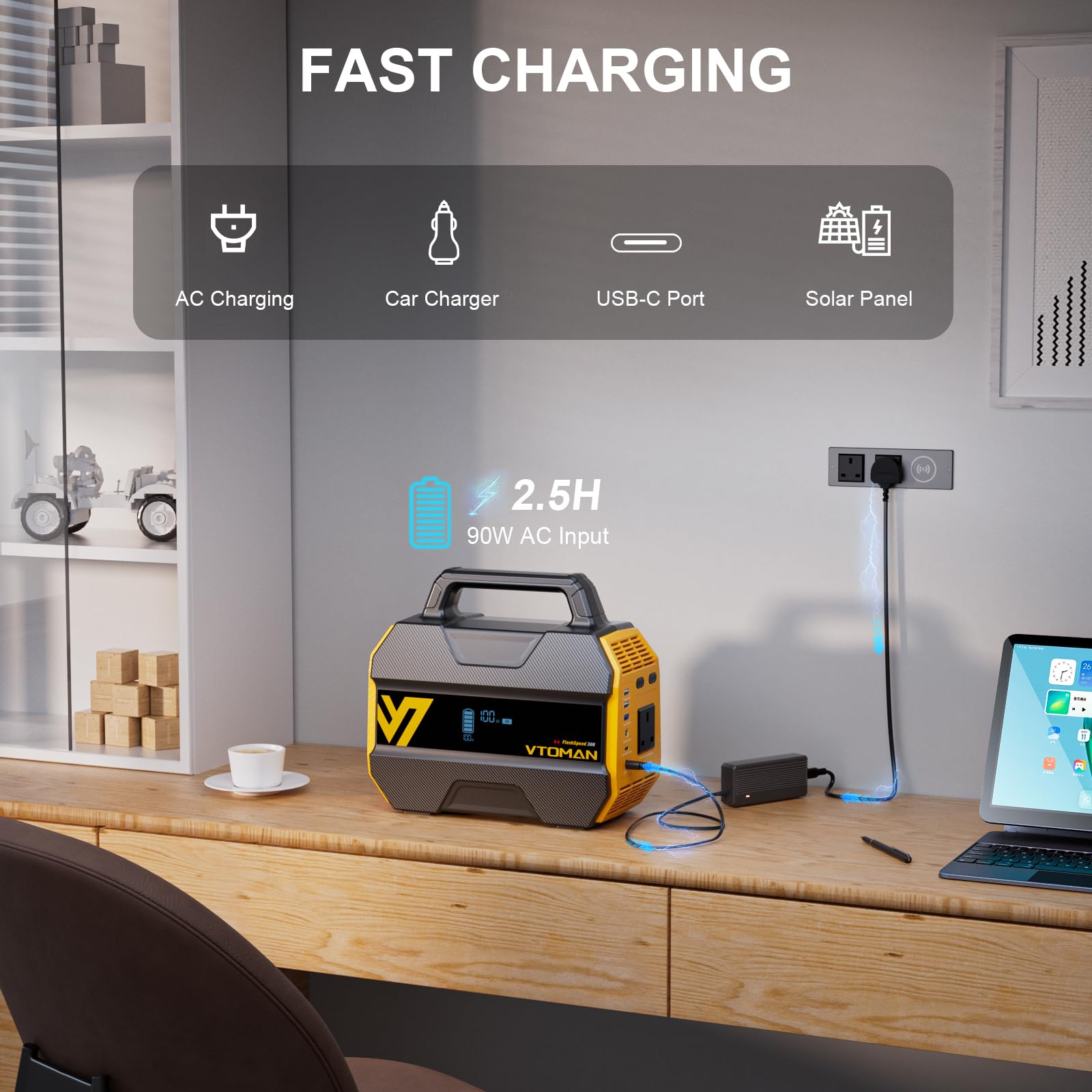 VTOMAN FlashSpeed 300 Portable Power Station Up to 600W Output, 230Wh Solar Generator with LiFePO4 Battery, Fast Charging 100W USB-C, 3000 Cycles, 6 Outlets for Home, Camping, RV, Fishing