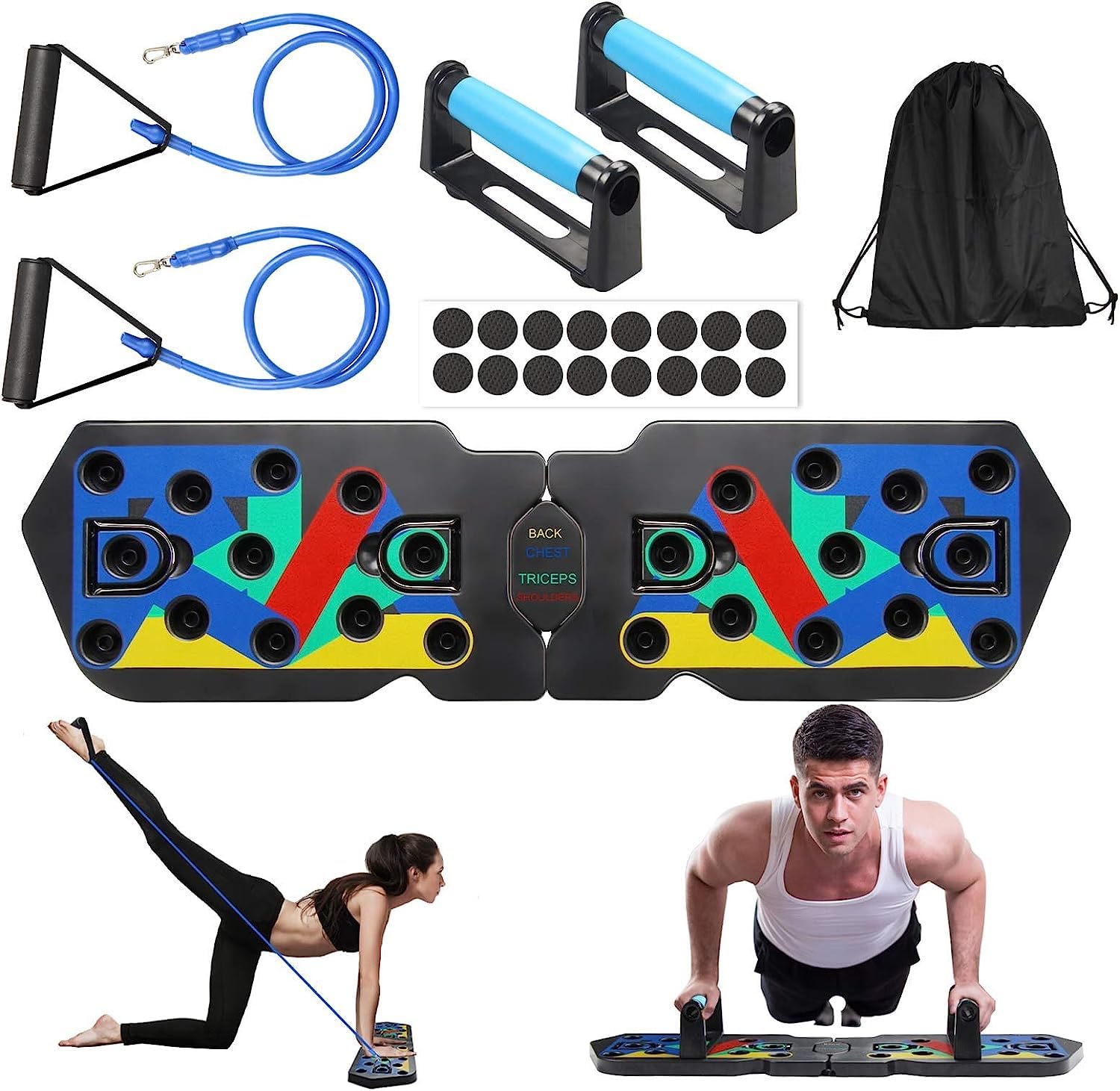 20 in 1 Press Up Board with Resistance Bands，Different color-coded pushups board target specific muscle exercise (Blue for Chest/Red for Shoulders/Yellow for Back/Green for Triceps).
