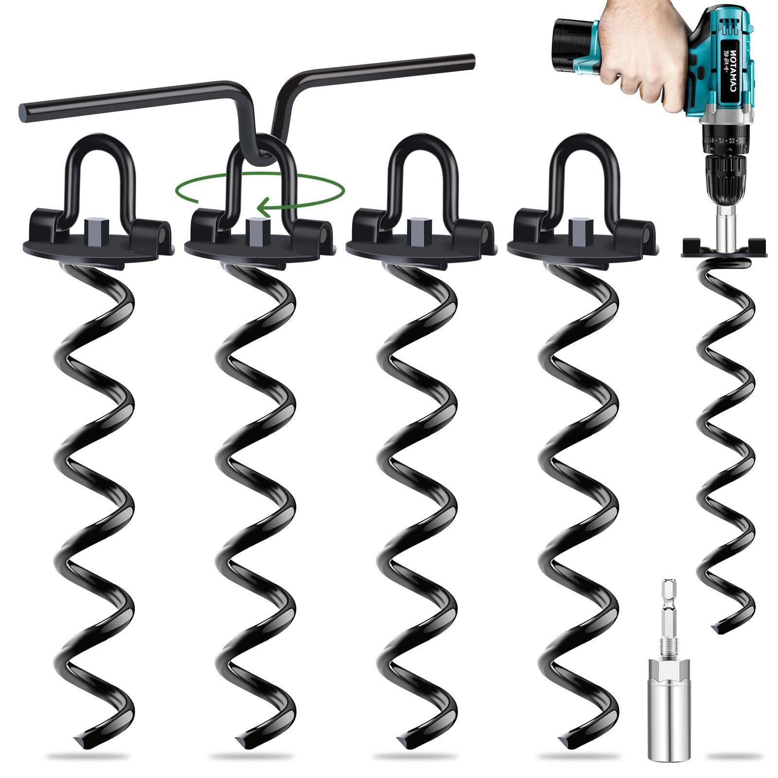 Ground Anchor, Metal Trampoline Anchor Use with Drill, Heavy Duty Earth Anchors for Camping Tents, Sheds, Trampoline, Swings, Pack of 4