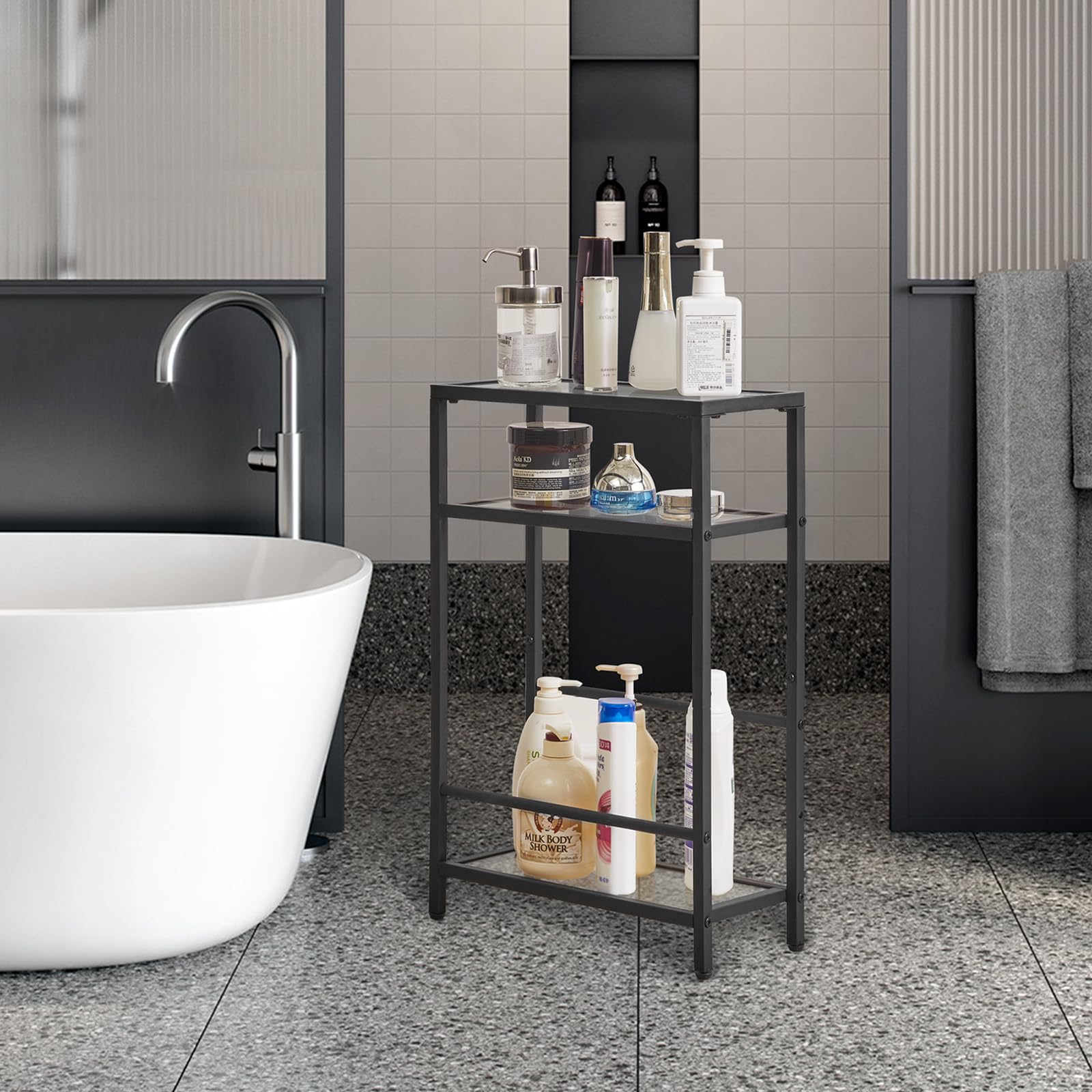 IBUYKE Narrow Side Table with Storage Shelf, 3 Tier Slim End Table,Modern Sofa Table, Small Nightstand, Telephone Table for Small Spaces,for Living