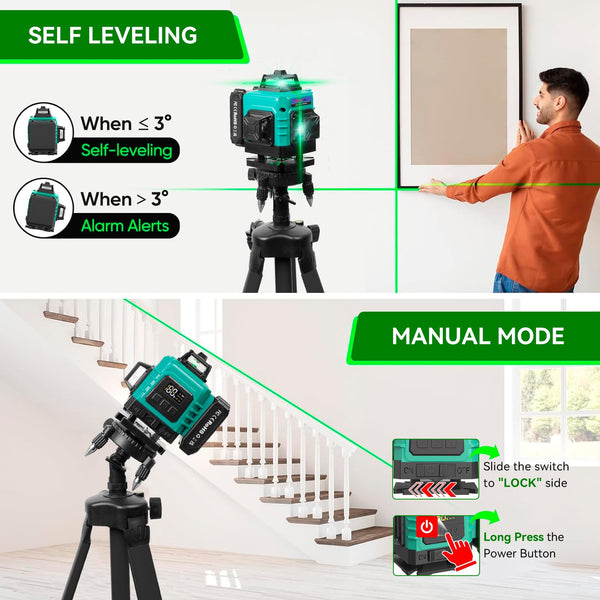 Laser Lever with Tripod, Healfith 4 x 360° 16 Lines Self Leveling Laser Level Green Lazer Level for Construction, Tile, Home Renovation, Picture Hanging