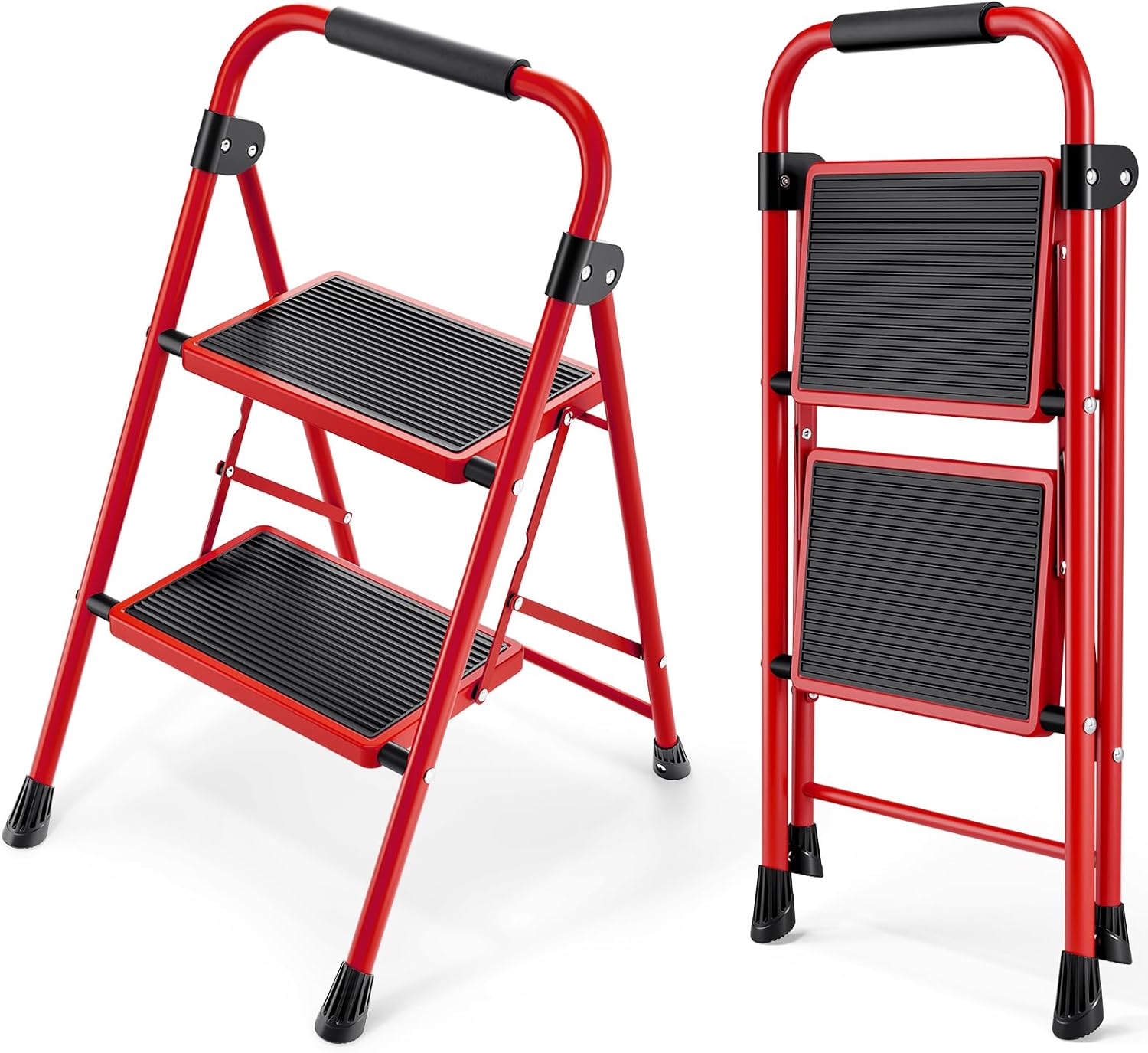 KINGRACK Folding 3-Step Ladder with Non-Slip Pedals, Sturdy Steel, Lightweight & Portable, Red