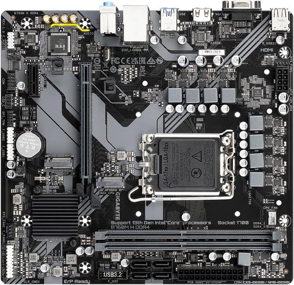 Gigabyte B760M H DDR4 Motherboard - Supports Intel Core 14th Gen CPUs, 6+1+1 Phases Digital VRM, up to 3200MHz DDR4 (OC), 2xPCIe 4.0 M.2, GbE LAN, USB 3.2 Gen1