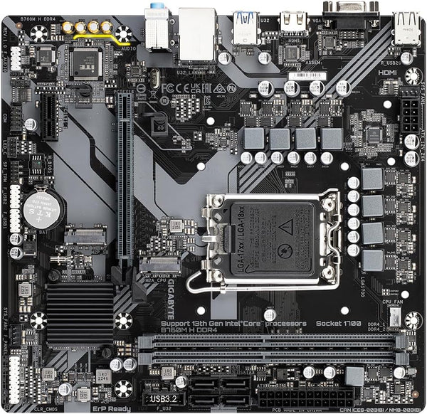 Gigabyte B760M H DDR4 Motherboard - Supports Intel Core 14th Gen CPUs, 6+1+1 Phases Digital VRM, up to 3200MHz DDR4 (OC), 2xPCIe 4.0 M.2, GbE LAN, USB 3.2 Gen1