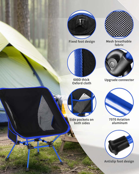 Evolpor Lightweight Folding Camping Chair with Storage Pocket & Carry Bag, High Weight Capacity, Portable for Camping, Hiking, Fishing – Great Gift for Dad, Blue