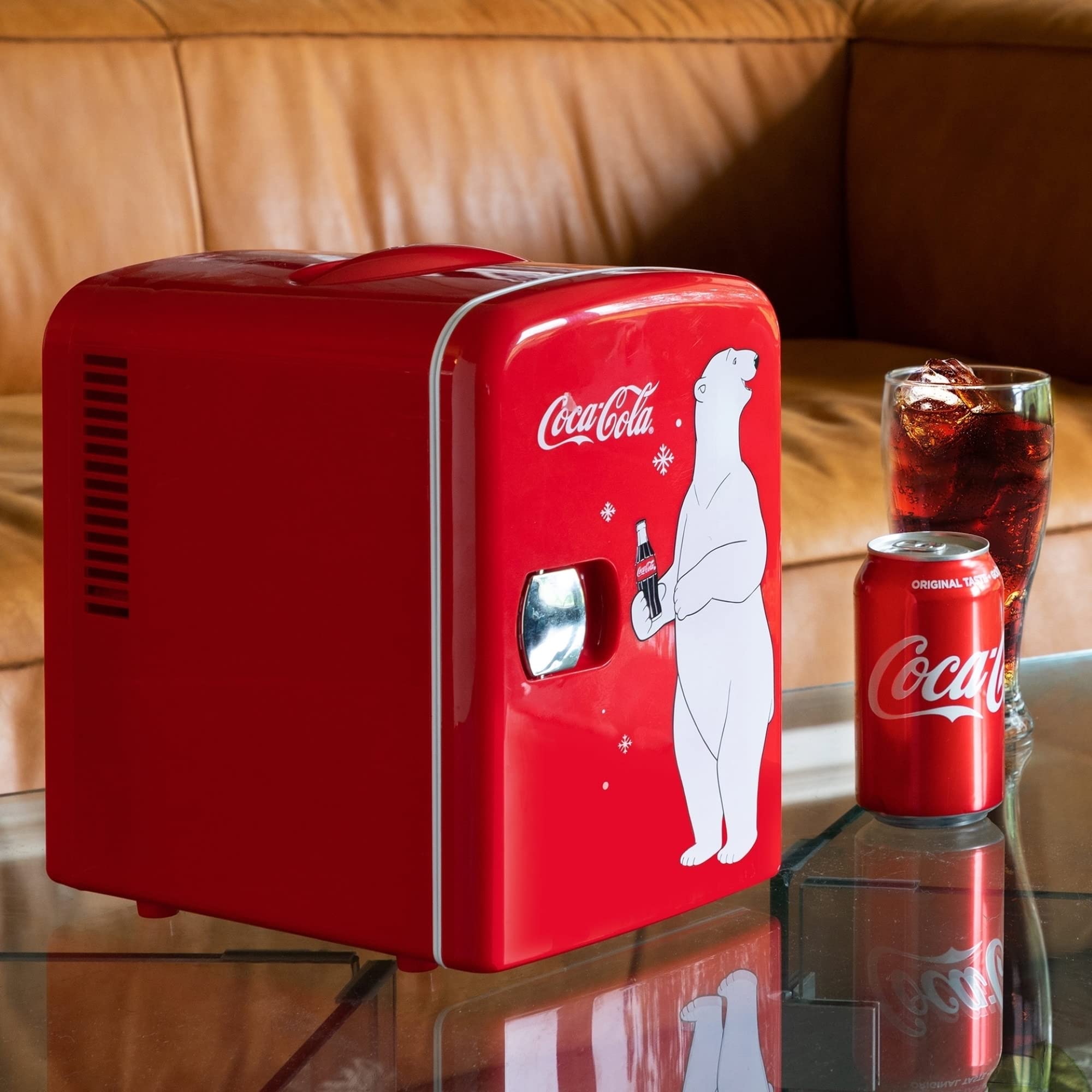 Coca Cola Polar Mini Fridge - Refrigerator for Bedroom Skincare Office, Portable Table Top Beverage Cooler, 12V DC/220V AC Refrigerador For Drinks, Soda, Wine, Use In Car, Dorm, Patio, 6 Can