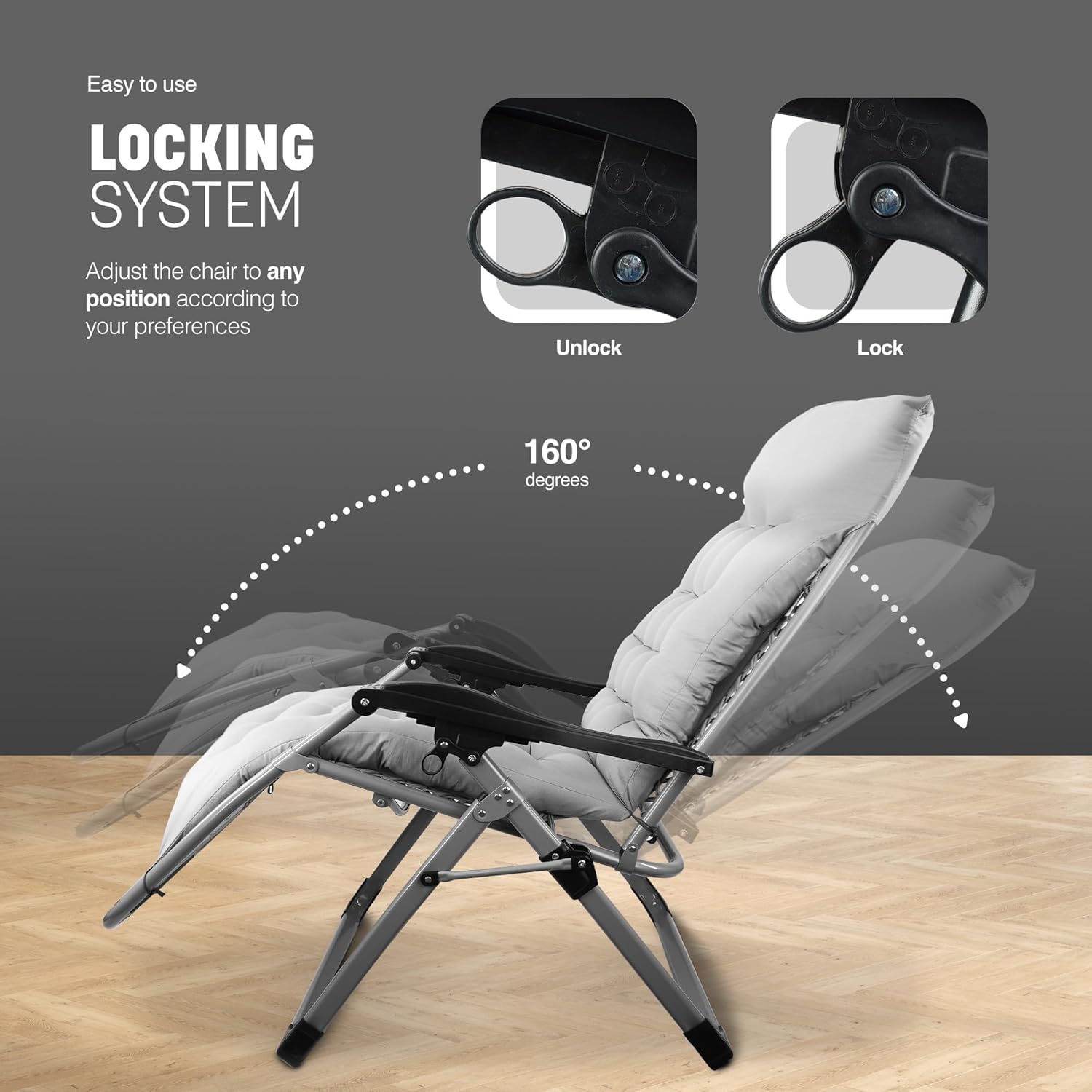 KEPLIN Square Tube Gravity Chair with Cushion – Extra-Wide 72cm Recliner, Adjustable Zero Gravity Lounger, Reinforced Frame, Supports 150kg, Premium Comfort for Indoor & Outdoor Relaxation – Black