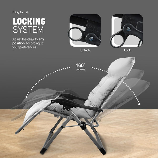 KEPLIN Square Tube Gravity Chair with Cushion – Extra-Wide 72cm Recliner, Adjustable Zero Gravity Lounger, Reinforced Frame, Supports 150kg, Premium Comfort for Indoor & Outdoor Relaxation – Black