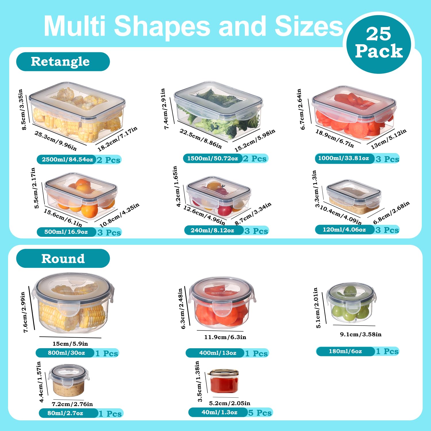 KUMD 50-Piece Airtight Food Storage Containers with Lids | Leakproof, BPA-Free, 25 Containers+ 25 Lids, Stackable & Microwave Safe Kitchen Organisers for Pantry, Meal Prep & Freezer Use, 40ml-2.5L