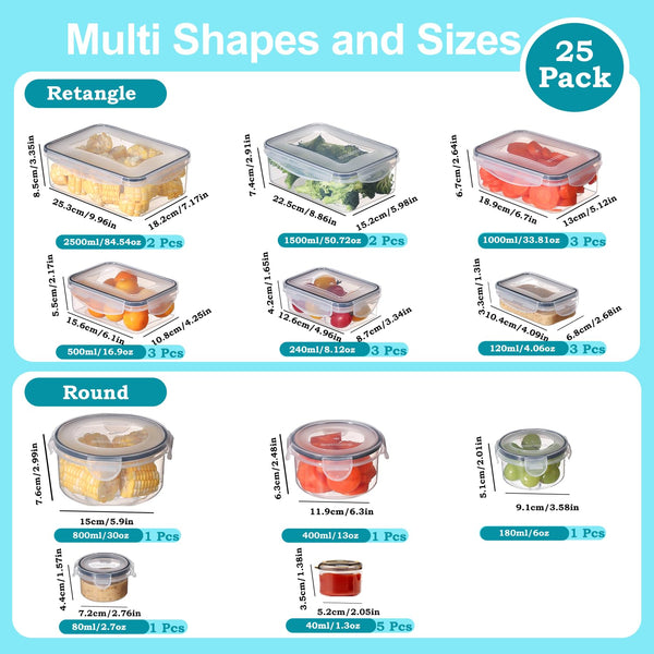 KUMD 50-Piece Airtight Food Storage Containers with Lids | Leakproof, BPA-Free, 25 Containers+ 25 Lids, Stackable & Microwave Safe Kitchen Organisers for Pantry, Meal Prep & Freezer Use, 40ml-2.5L