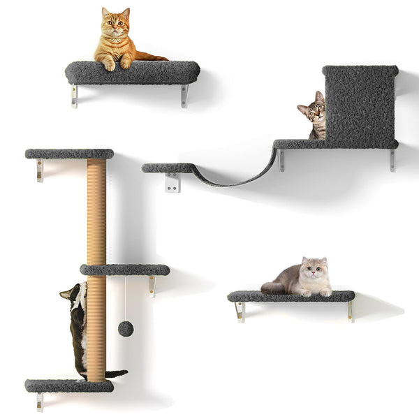 FUKUMARU Cat Wall Shelves, Stable & Safe 4 in 1 Large Cat Wall Furniture Set, Wooden Cat Climbing Wall with Scratching Post for 16 Inch Drywall - Gray