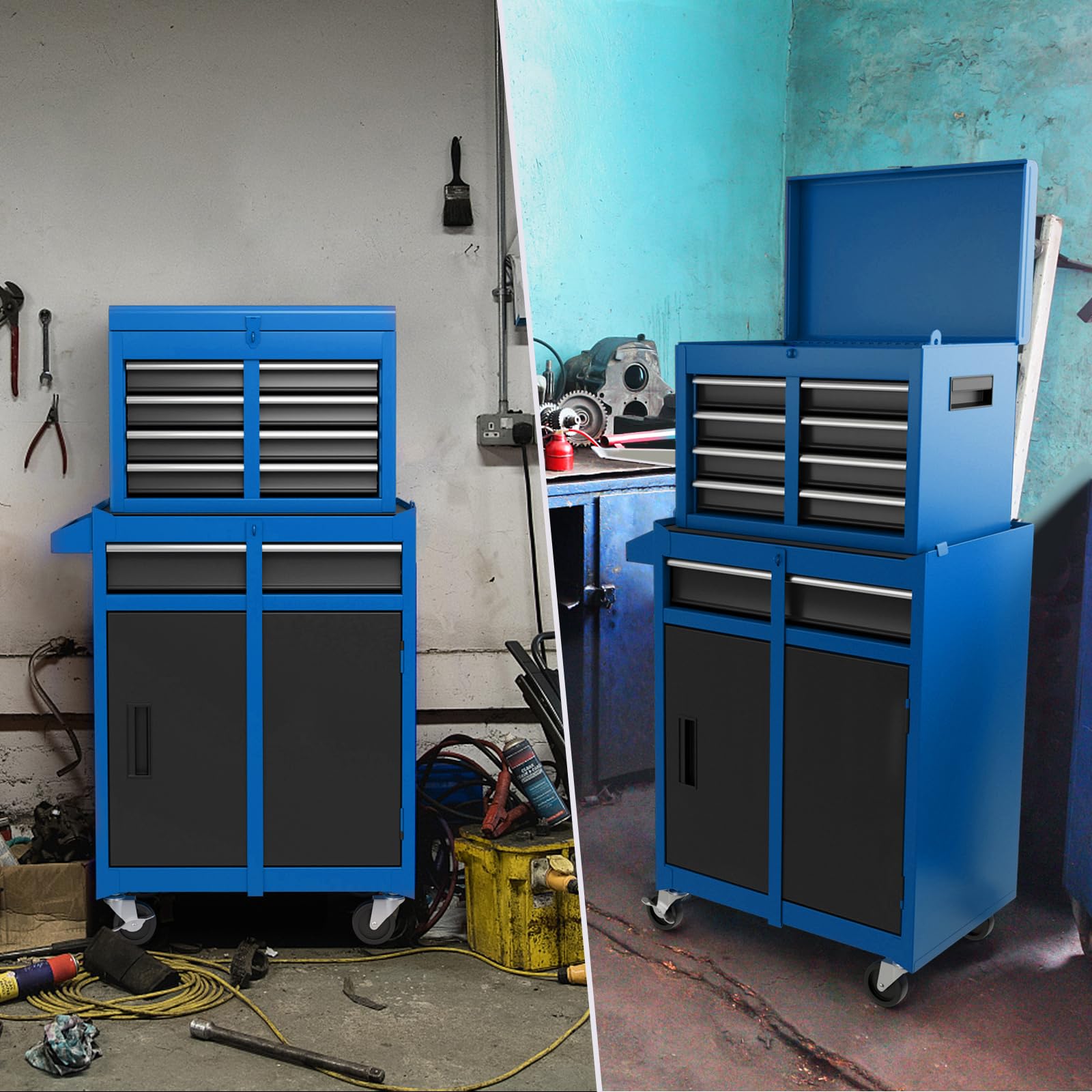 COSTWAY Large Rolling Tool Cabinet, 2-in-1 Detachable Metal Tool Chest with Drawers, Wheel, Handle, Hooks & Pegboard, Lockable Tool Box Trolley for Garage Workshop (with Middle Compartment, Black)