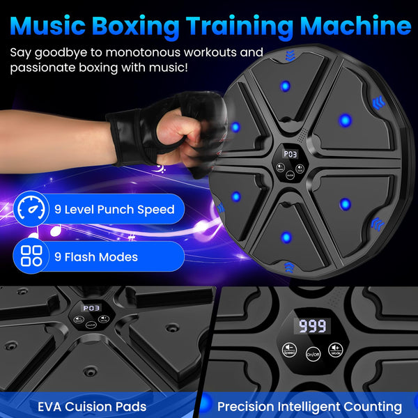 prettop Music Boxing Machine, Smart Bluetooth Boxing Machine with Gloves, Wall Mounted Punching Machine with 9 Level Speed & Mode Adjustment with LED Light for Kids or Adult to Exercise