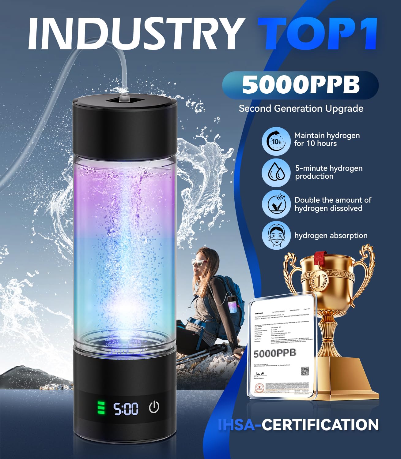 Upgrade 3-in-1 Hydrogen Water Bottle Generator - Industry TOP - 24-Hour Hydrogen Lock | 0 Chlorine & 0 Ozone | 100% Leak-Proof Seal, Hydrogen Water Bottle Generator
