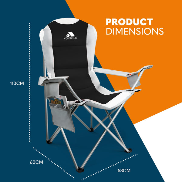 Voyager Folding Camping Chairs 2 Pack with Cooler Bag, Lightweight Q195 Steel Frame, 600D Oxford Fabric, Portable & Comfortable - Black (Black, Padded)
