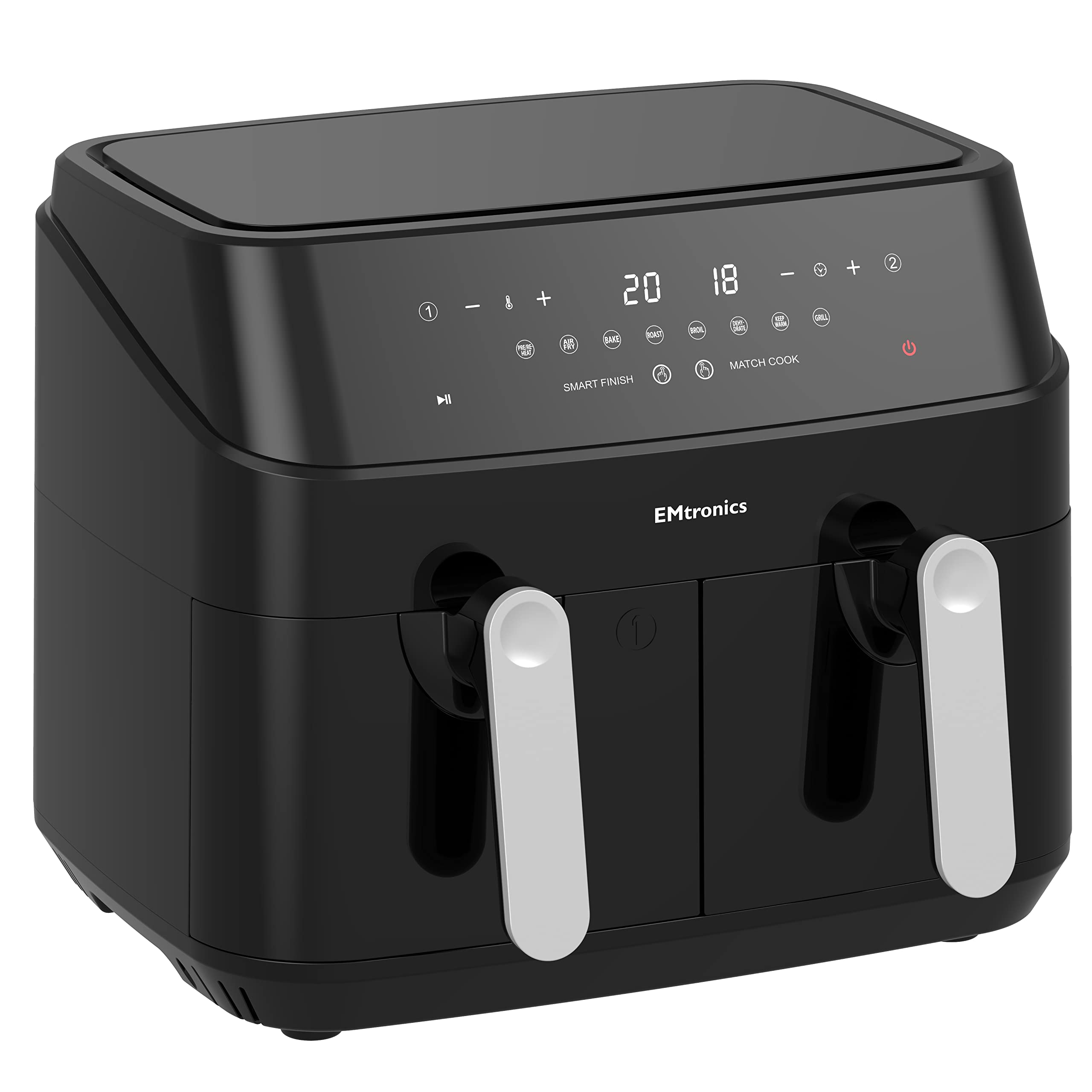 EMtronics EMAFDD9L Dual Air Fryer Extra Large Family Size Double XL 9 Litre with 8 Adjustable Pre-Set Menus for Oil Free & Low Fat Healthy Cooking,
