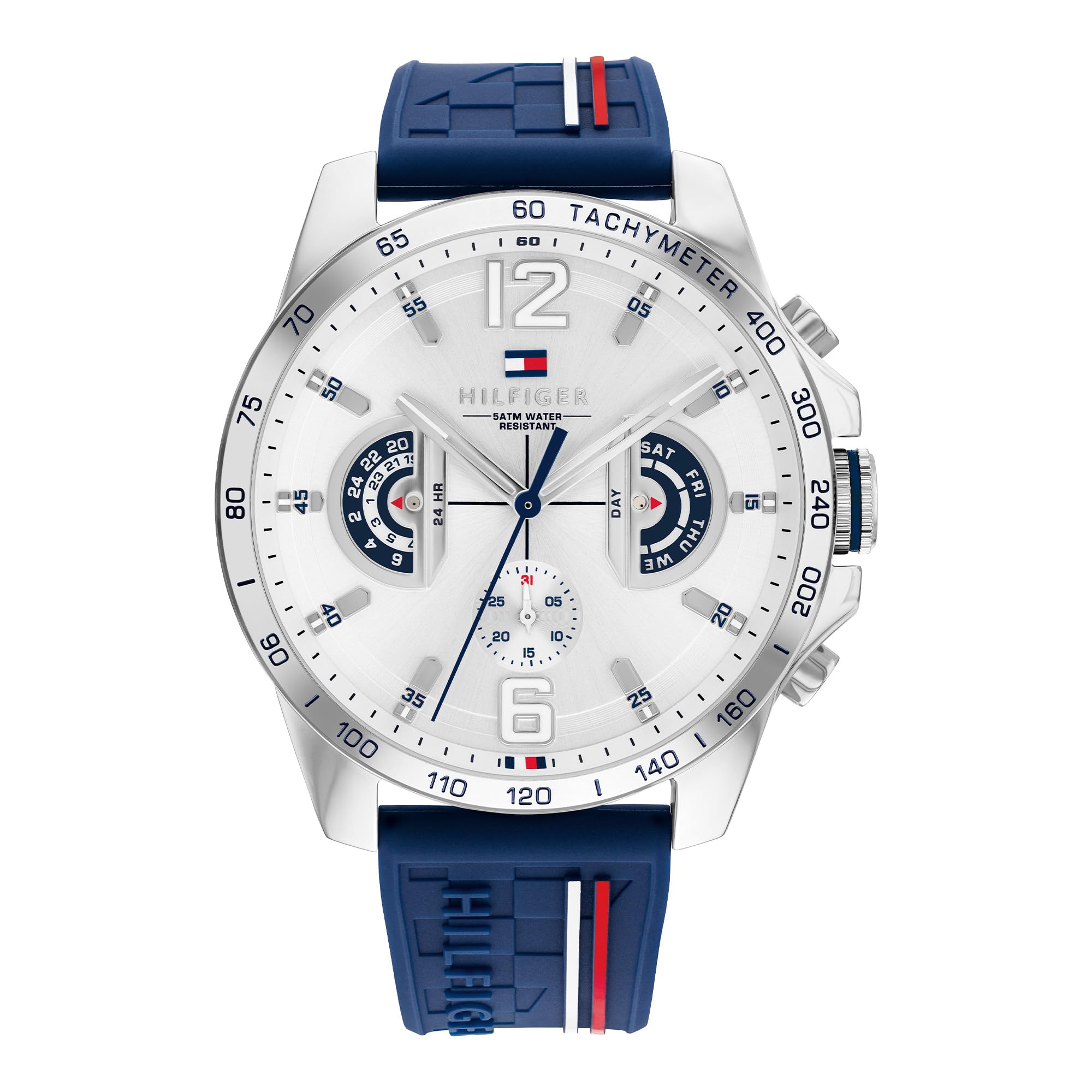 Tommy Hilfiger Analogue Multifunction Quartz Watch for Men with Silicone, Stainless Steel or Leather Bracelet, Day & Date Sub-Dials, 5ATM Water Resistant