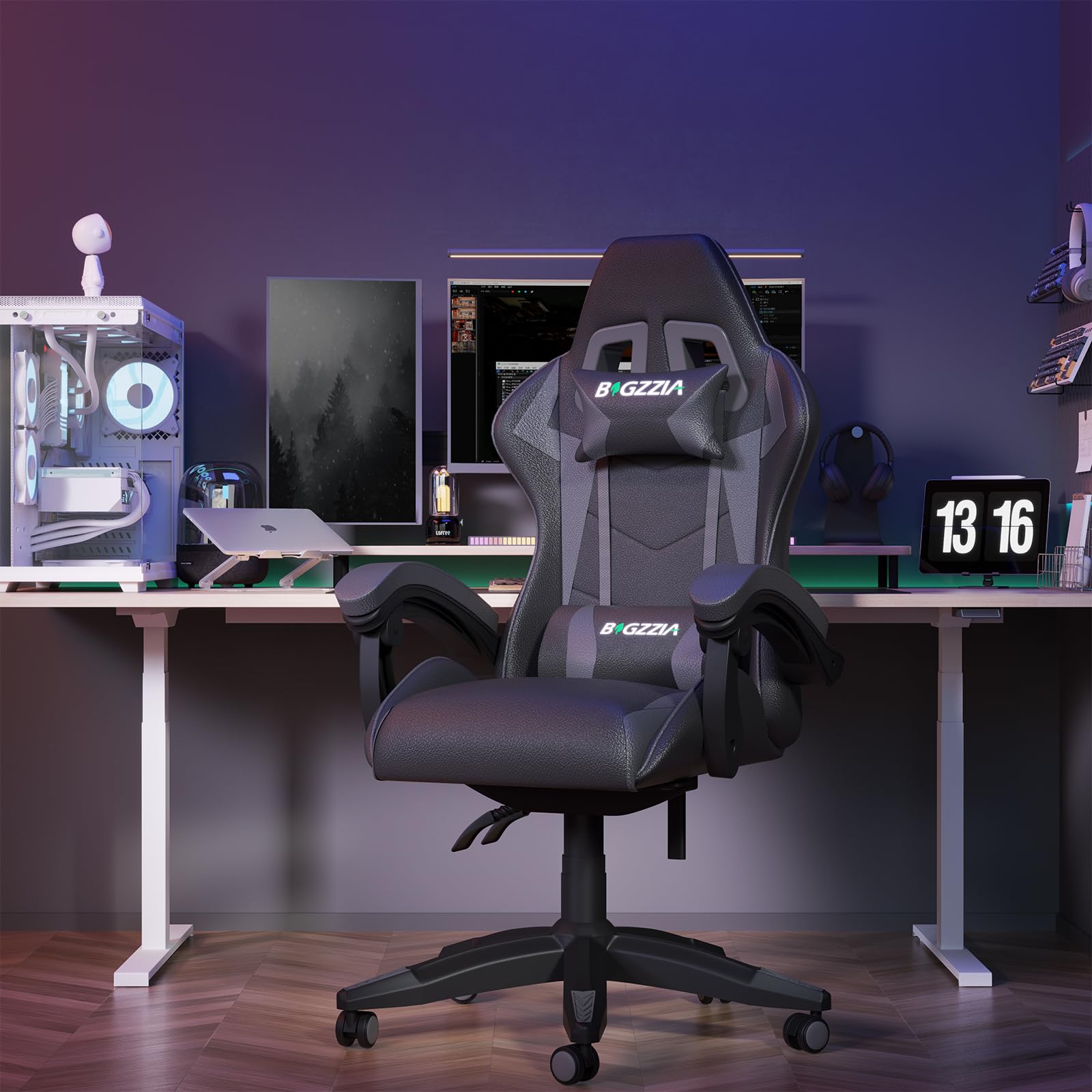 Gaming Chair, Ergonomic Gaming Chair with Heated Seat, Height Adjustable Reclining Video Game Chair with Headrest and Lumbar Support, Big and Tall Gaming Chair for Adults (Basics, Black/Grey)